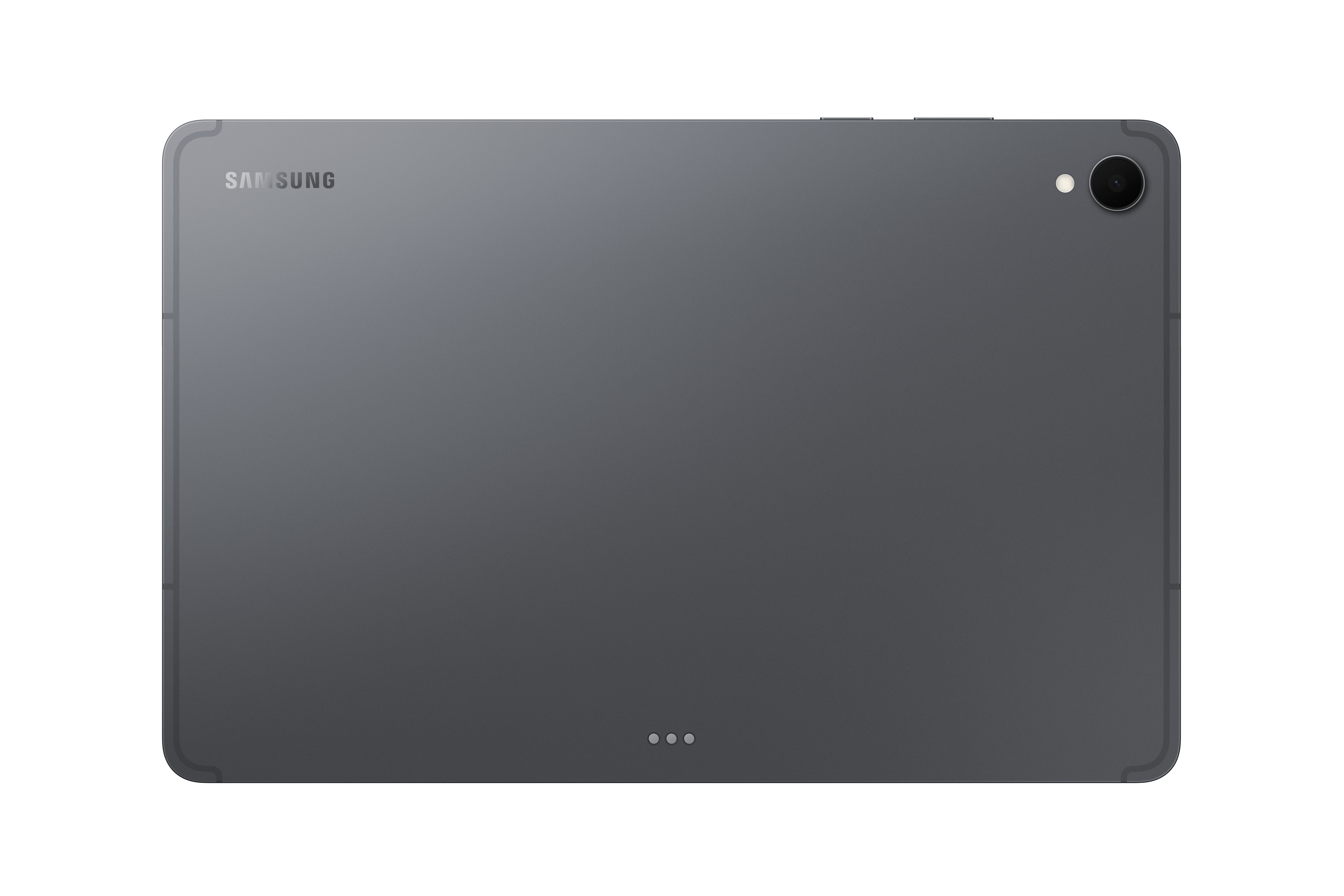 Die Rückseite eines grauen Samsung-Tablets mit Kamera, Blitz und Samsung-Logo. Der Hintergrund ist weiß.
