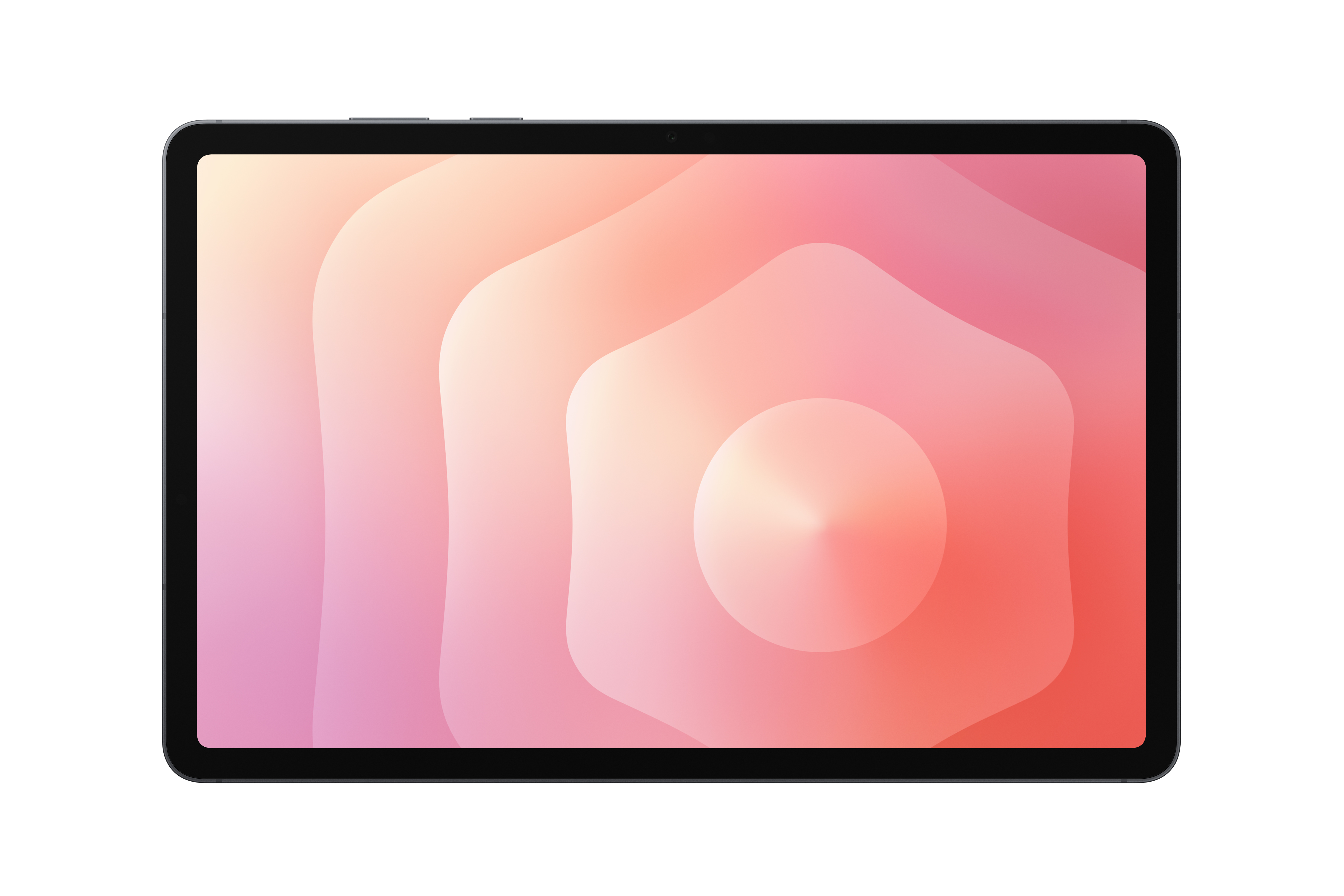 Ein Tablet vor weißem Hintergrund. Der Bildschirm zeigt ein abstraktes Design mit rosa-orangenen Farbverläufen.