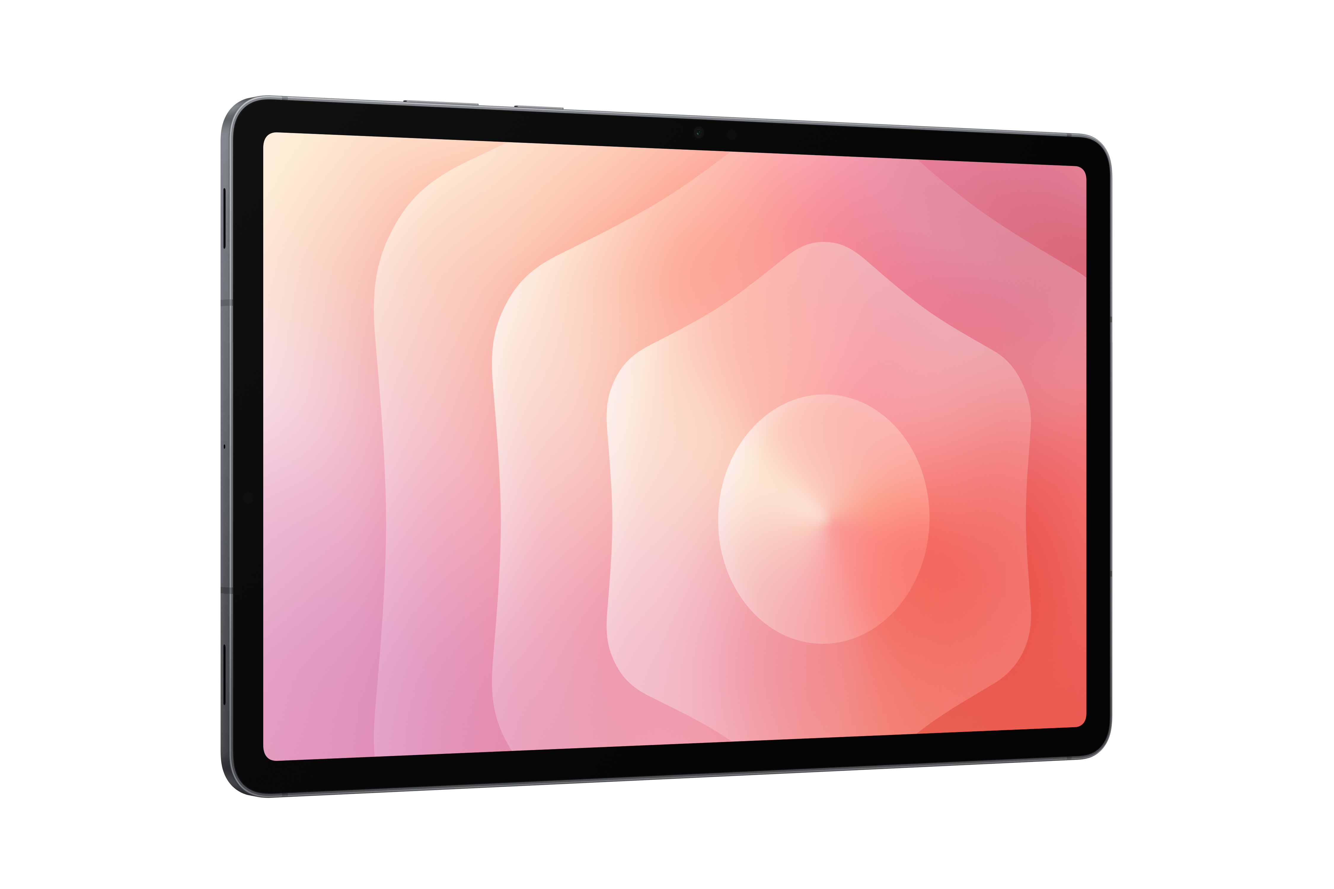 Ein Tablet mit schwarzem Rahmen und einem Bildschirm, der ein abstraktes Design in Rosa und Orange zeigt. Der Hintergrund ist weiß.