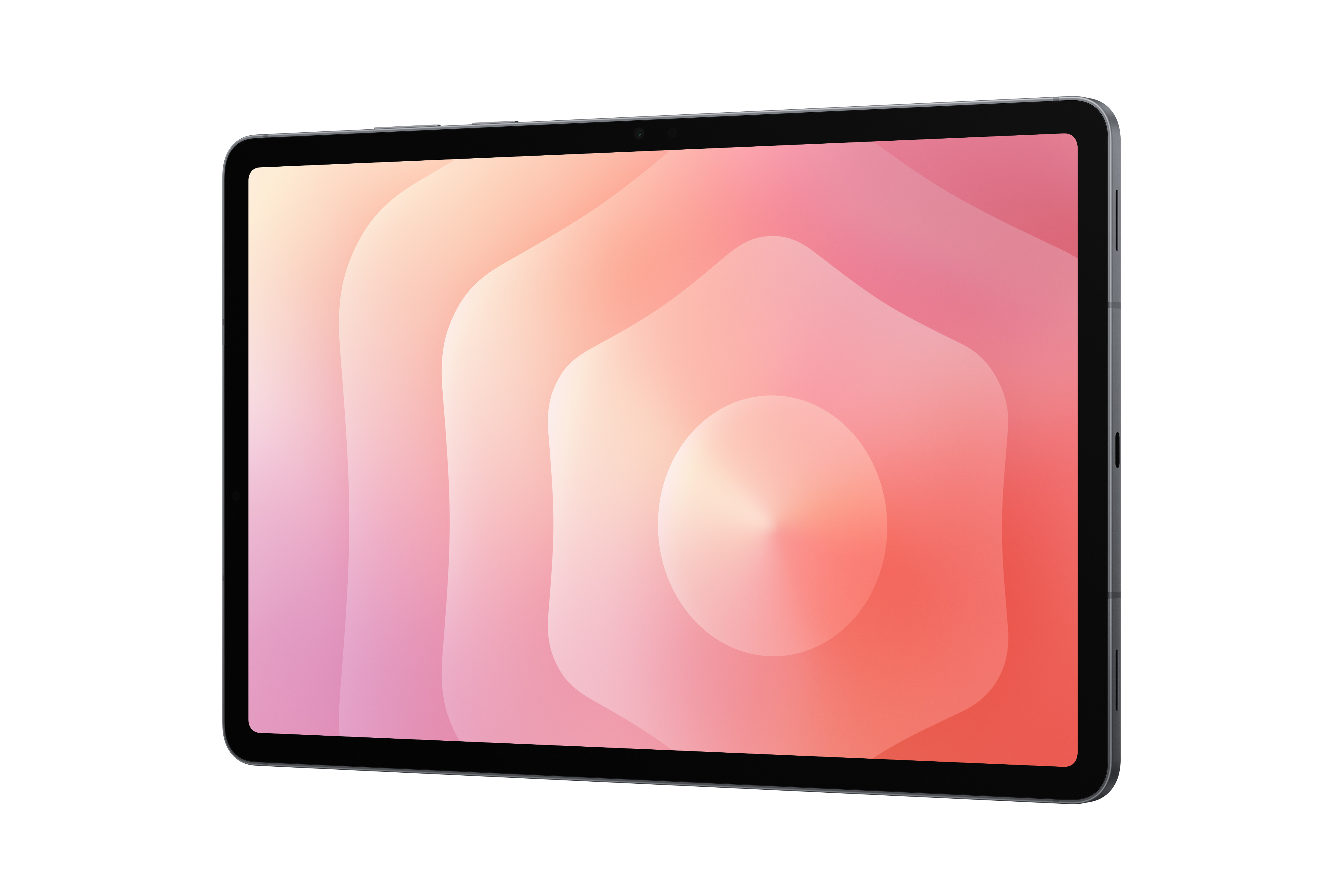 Ein Tablet mit schwarzem Rahmen und farbenfrohem Bildschirm. Der Bildschirm zeigt ein abstraktes Design in Rosa- und Orangetönen.