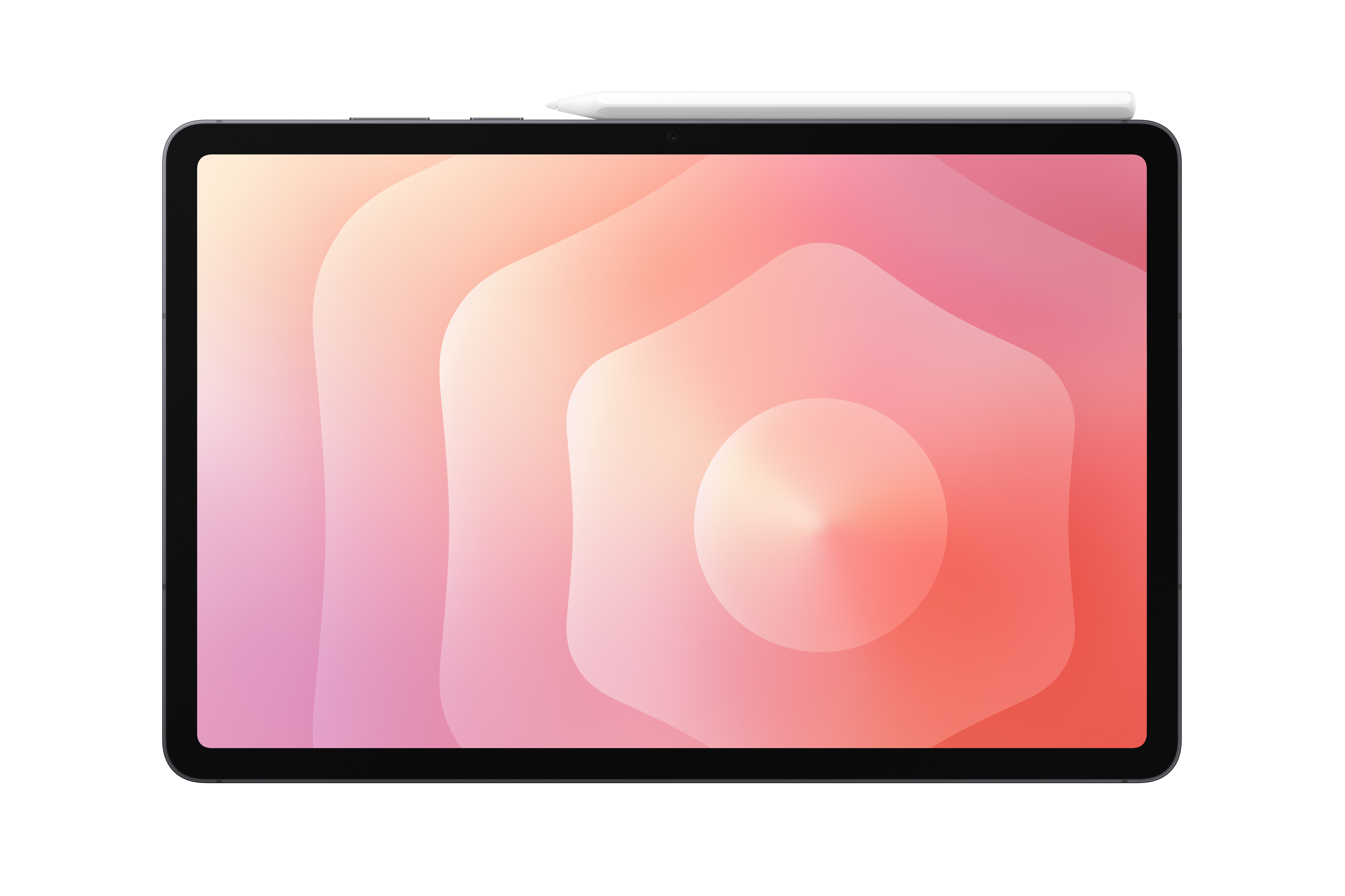 Ein Tablet mit farbenfrohem Bildschirm und weißem Stift. Der Bildschirm zeigt ein rosa-orangenes Farbverlaufsmuster.