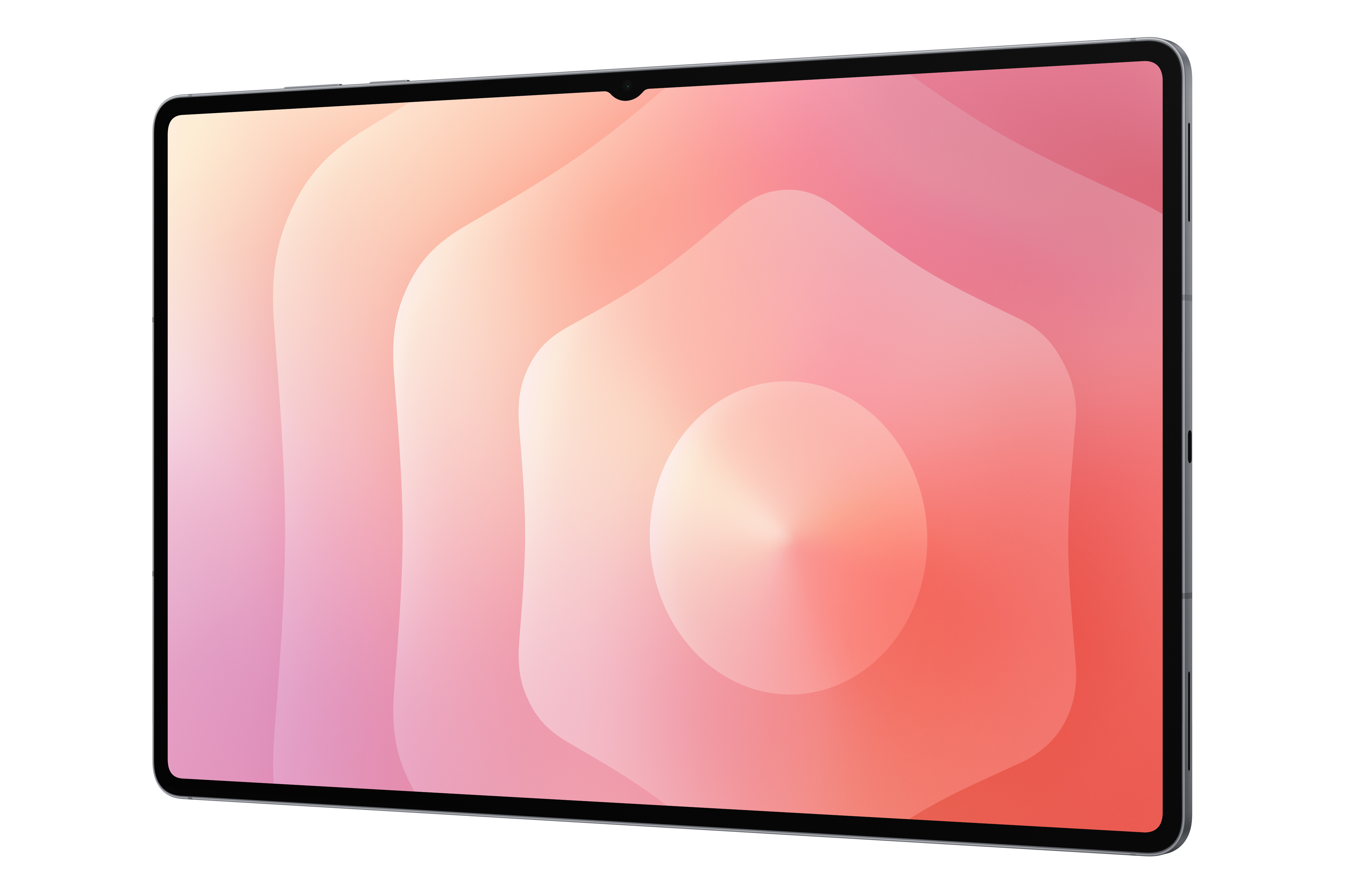 Ein Tablet mit einem farbenfrohen Farbverlauf von rosa und orangen Farbtönen. Das Tablet ist grau mit schwarzem Rahmen.
