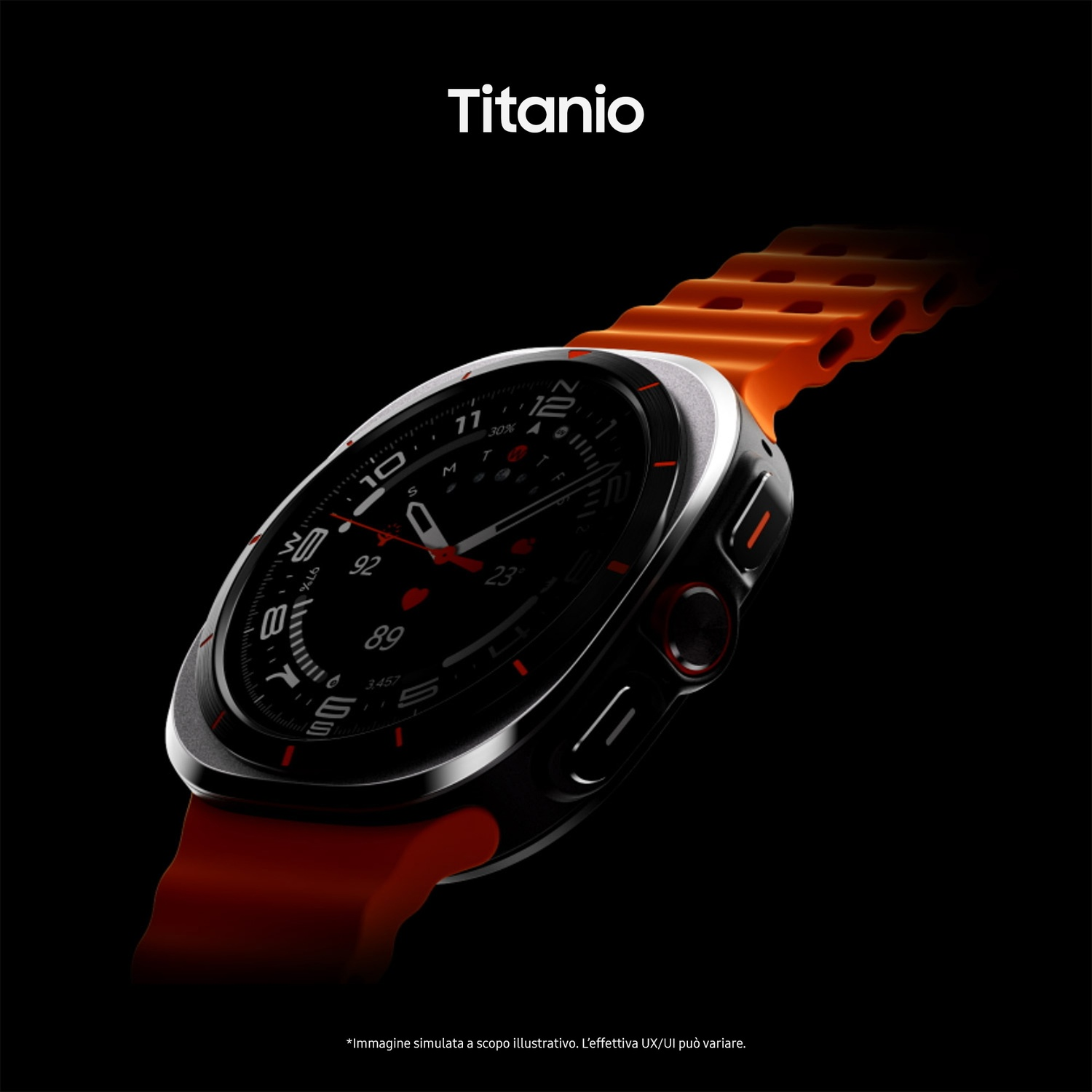 Uno smartwatch nero con cinturino rosso è esposto su sfondo nero. Il quadrante mostra numeri e dettagli arancioni.