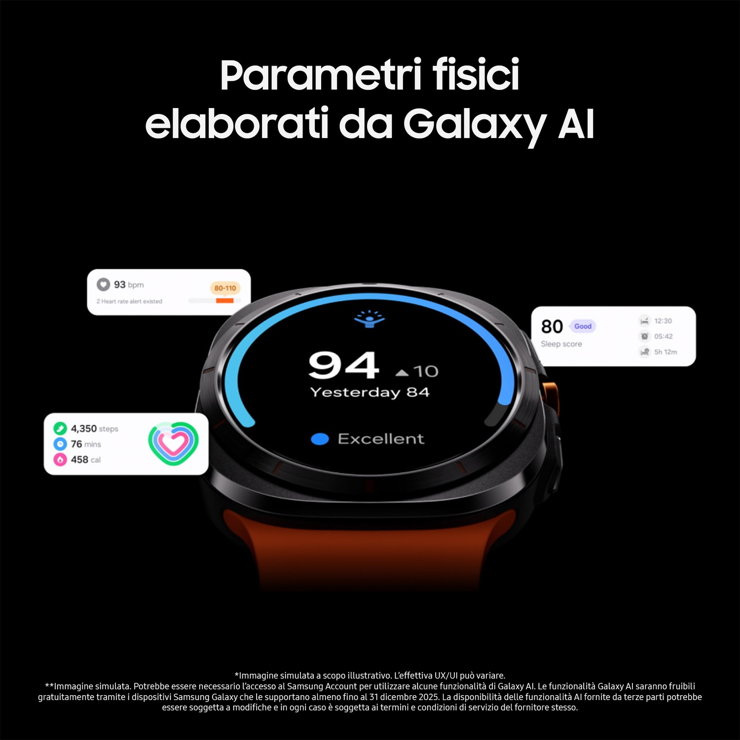 Uno smartwatch mostra dati sanitari: frequenza cardiaca, passi, punteggio del sonno e calorie bruciate. Orologio nero con cinturino arancione.