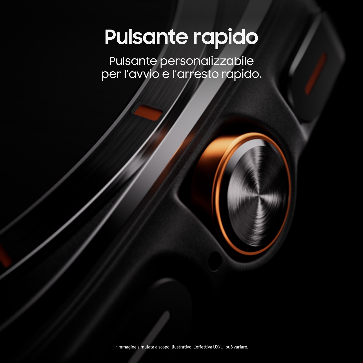 Primo piano di un pulsante nero e rame con la scritta 'Pulsante rapido'. Il pulsante è su una superficie scura e strutturata.