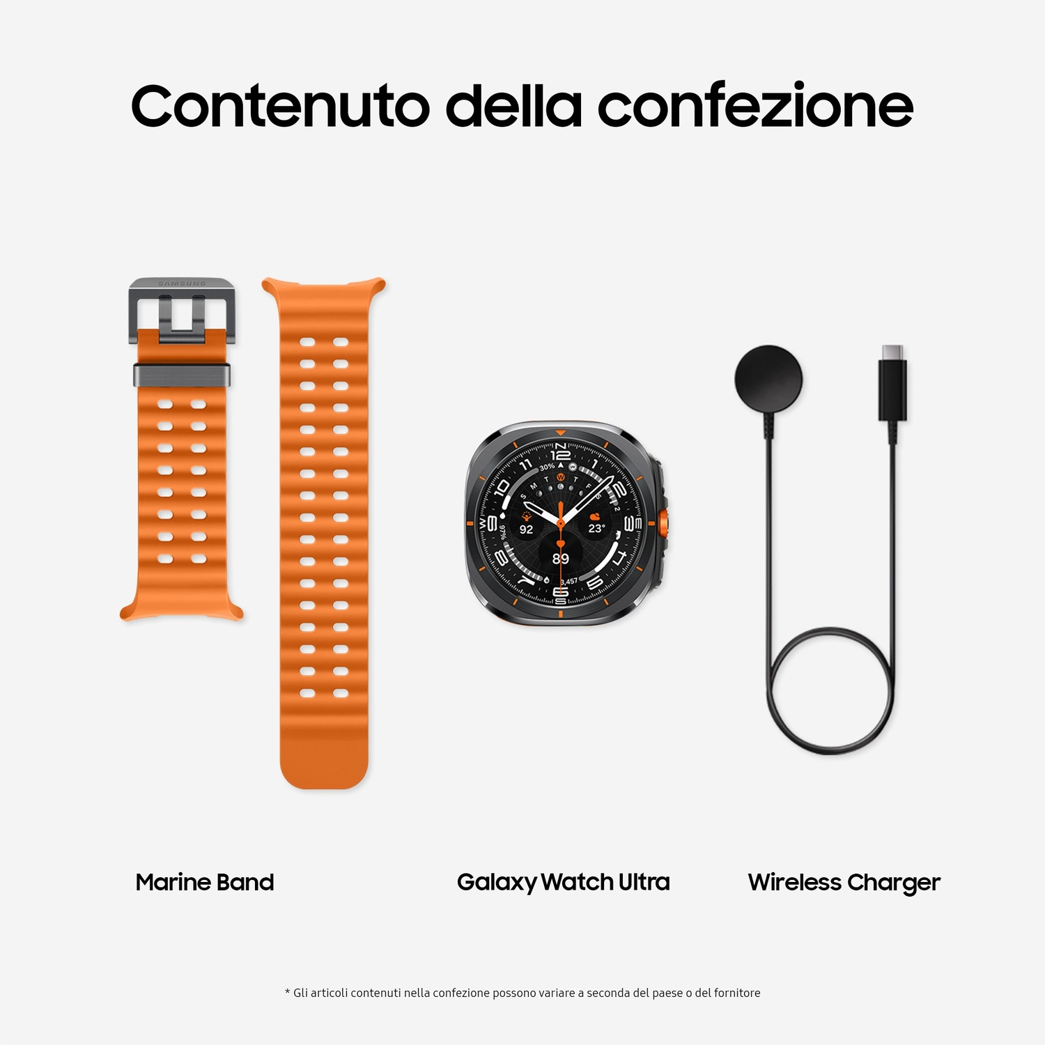 Un cinturino arancione, un Galaxy Watch Ultra e un caricabatterie wireless sono esposti su sfondo bianco.