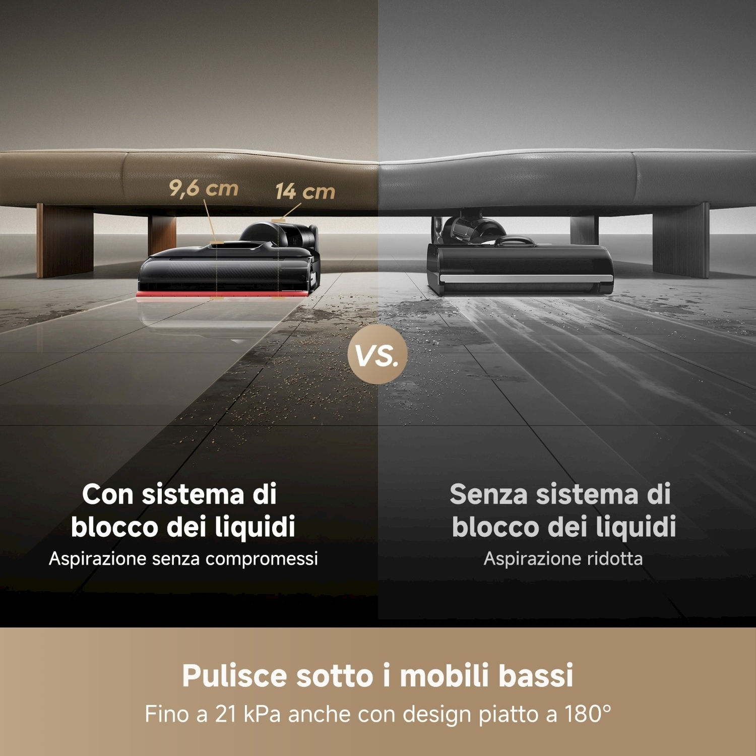 L'immagine mostra due aspirapolvere sotto un divano, uno con blocco liquidi, uno senza, dimostrando le loro capacità di pulizia.