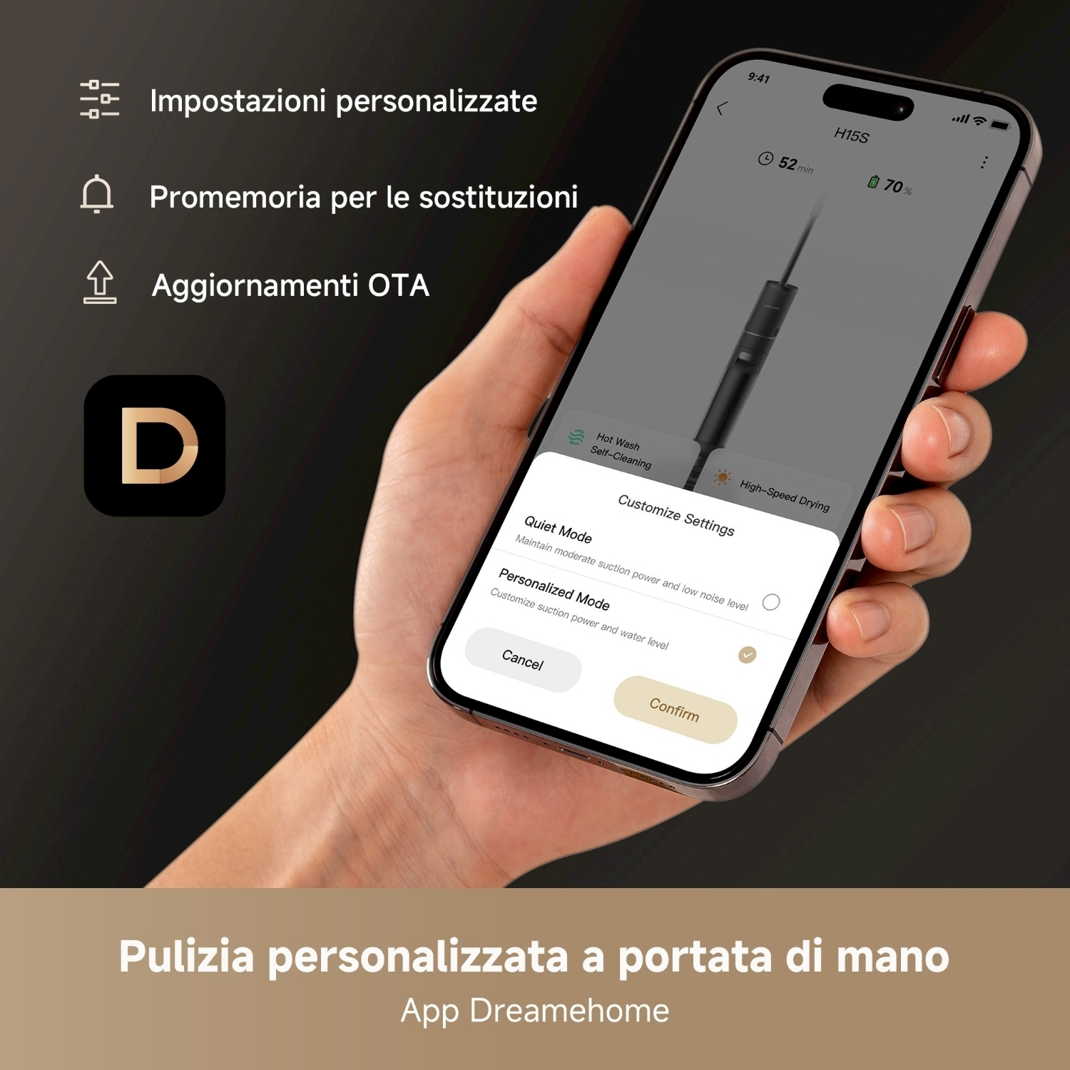 Mano che tiene un telefono con menu impostazioni per un dispositivo di pulizia. Opzioni: modalità silenziosa, modalità personalizzata e funzioni di pulizia.