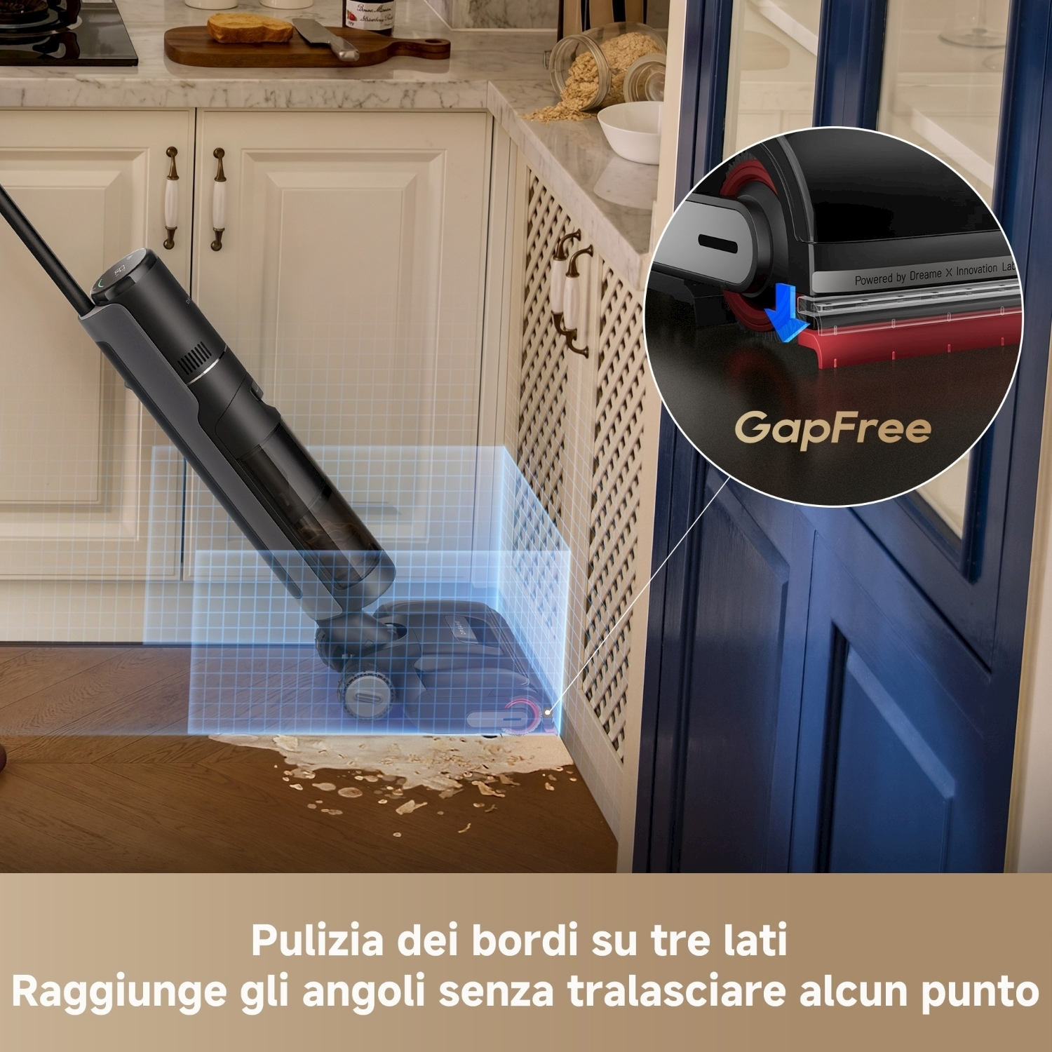 Un aspirapolvere nero e grigio che pulisce un pavimento in legno. Un primo piano mostra una funzione senza spazi. Il testo dice che pulisce bordi e angoli.