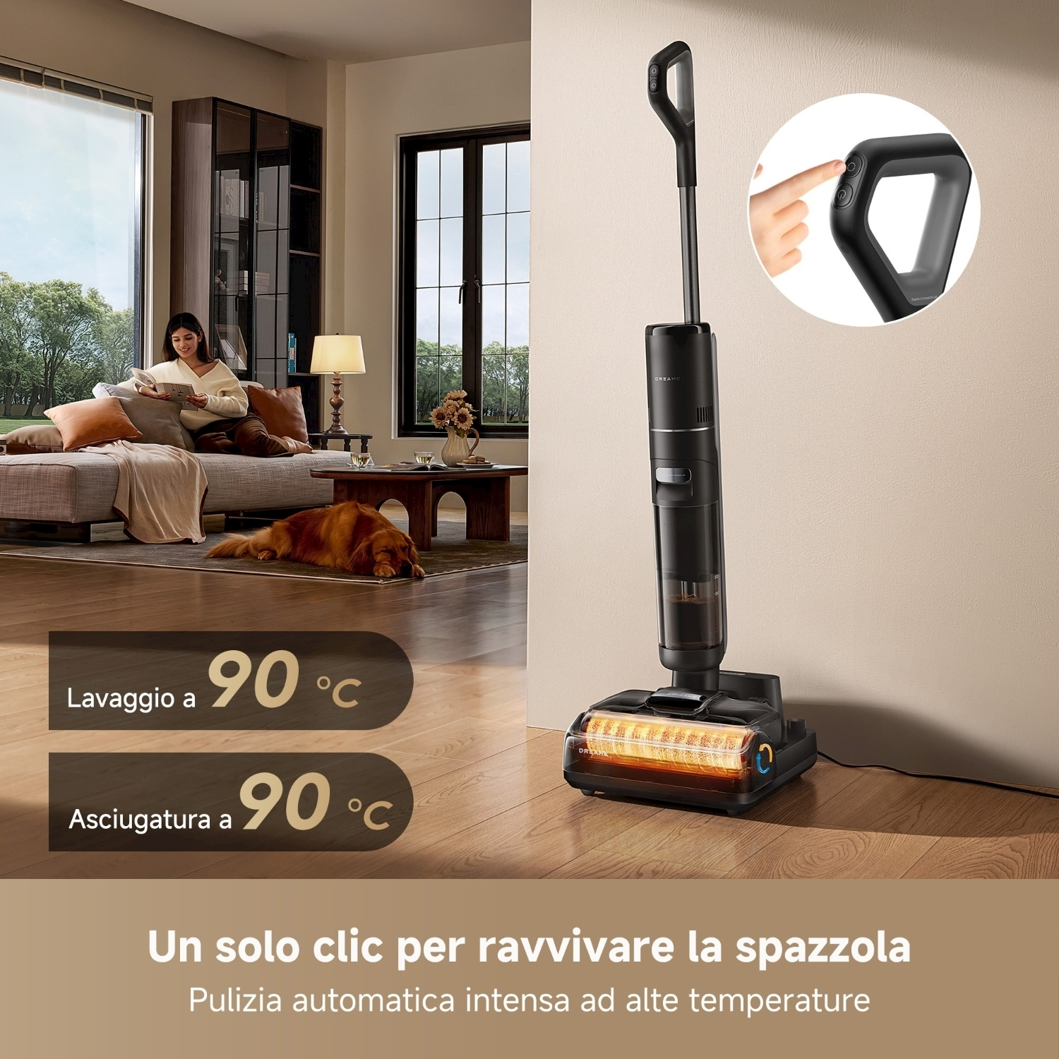 Un aspirapolvere nero con testina di pulizia illuminata è accanto a una donna che legge. Testo: lavaggio a 90°C, asciugatura a 90°C.
