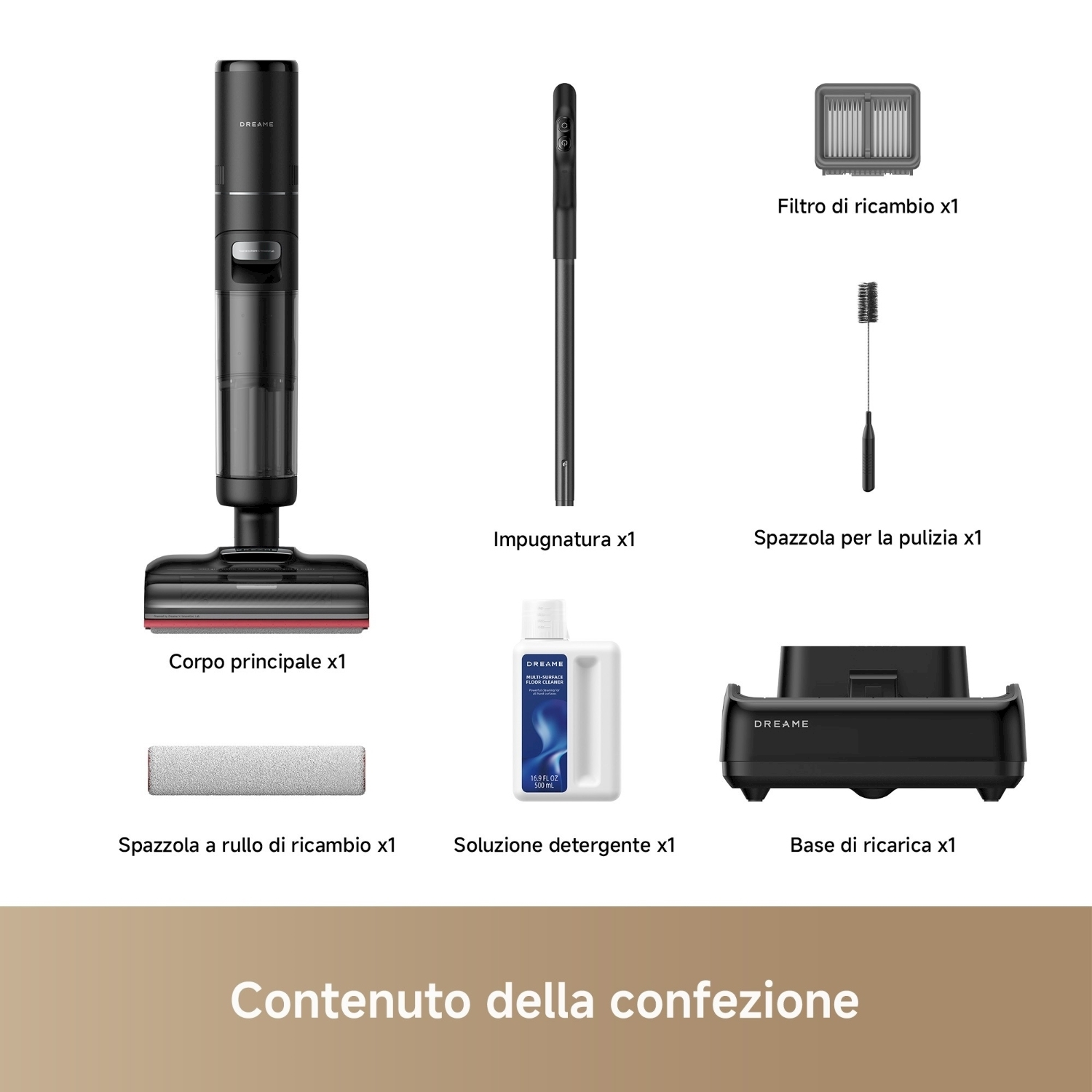 Un'immagine mostra varie parti dell'aspirapolvere: corpo principale, manico, filtro, spazzola, spazzola a rullo, soluzione detergente e base di ricarica.
