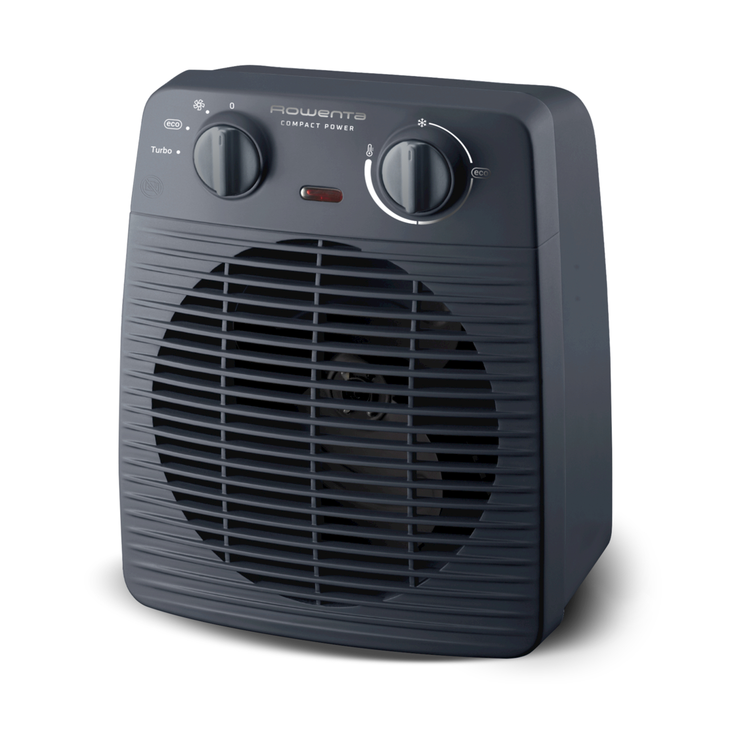 Un termoventilatore Rowenta Compact Power grigio scuro con una ventola. Ha due manopole di controllo e una spia rossa. Lo sfondo è bianco.