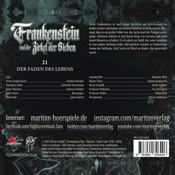 Cover für 'Frankenstein'. Titel, Besetzungsliste und Website-Links sind sichtbar. Dunkelgrüner Hintergrund mit gotischer Schrift.