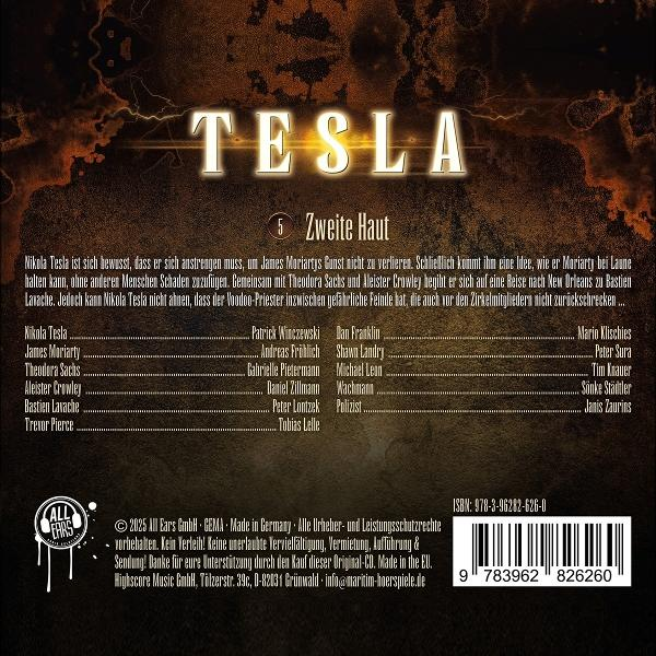 CD-Cover für 'Tesla'. Enthält den Titel, eine Besetzungsliste und eine Zusammenfassung auf Deutsch. Enthält Barcode und Copyright-Details.