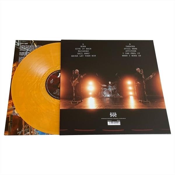 Eine Schallplatte liegt auf ihrer Hülle mit einem Bandbild. Die Schallplatte ist orange. Das Cover listet Songtitel und eine Band auf.