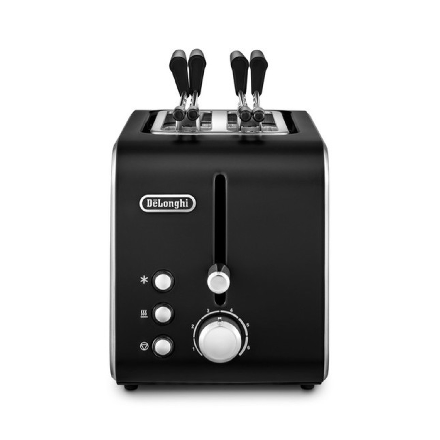 Un tostapane DeLonghi nero con un quadrante, pulsanti e fessure per toast. Due pinze per il pane sono sopra l'apparecchio.