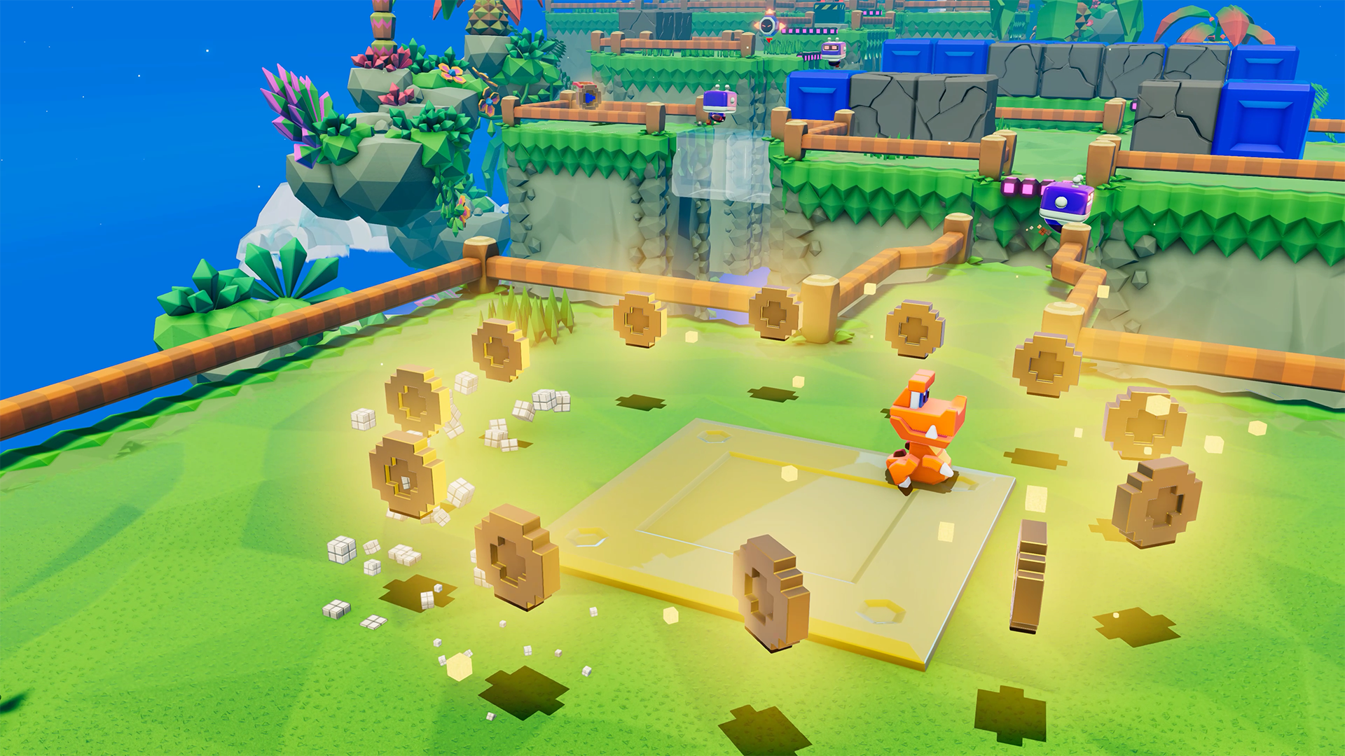 Un entorno de estilo caricaturesco con un dinosaurio en una plataforma. Hay plataformas flotantes, monedas y robots en el fondo.