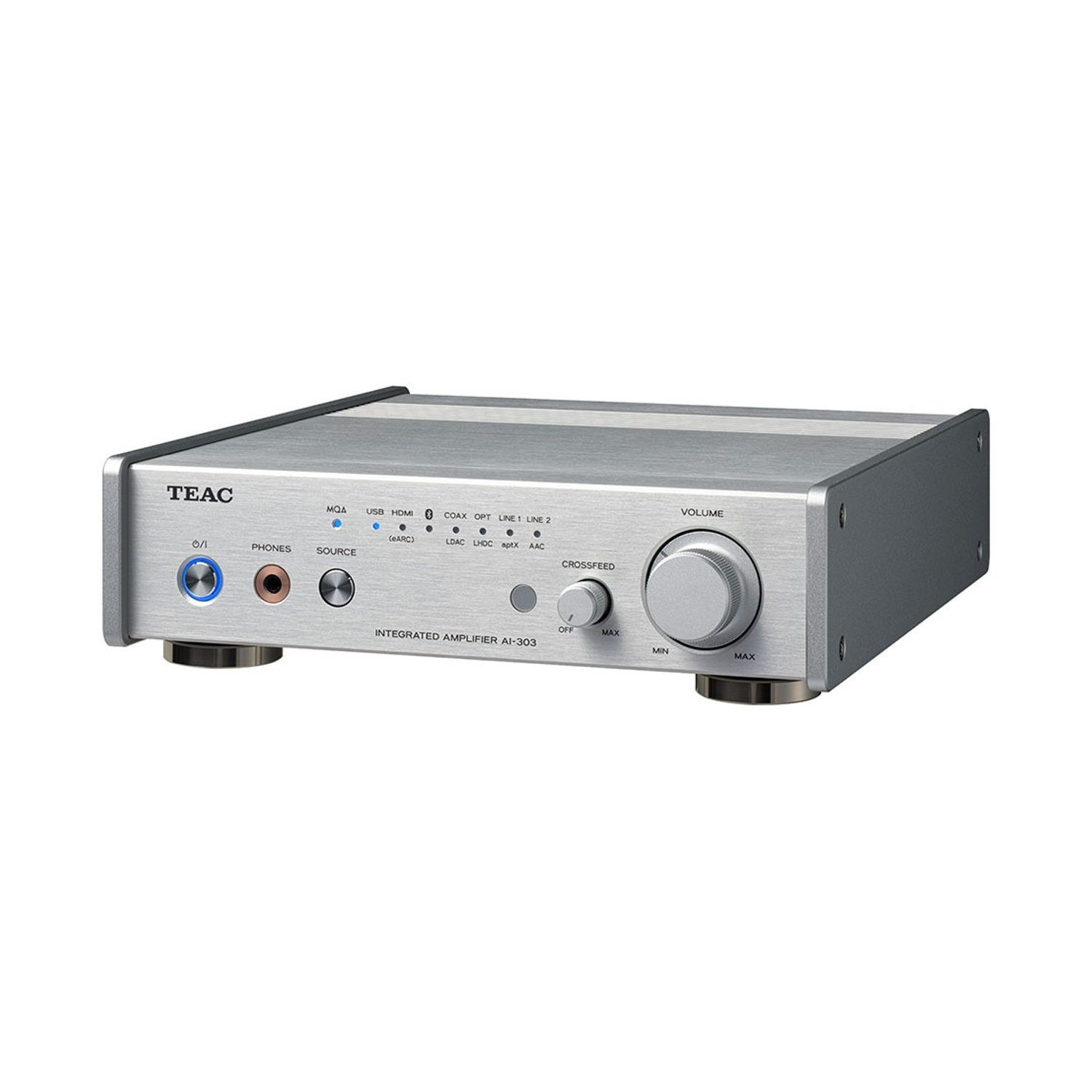 Amplificatore integrato TEAC AI-303 argentato. Include manopola del volume, selezione sorgente, jack per cuffie e varie opzioni di ingresso.