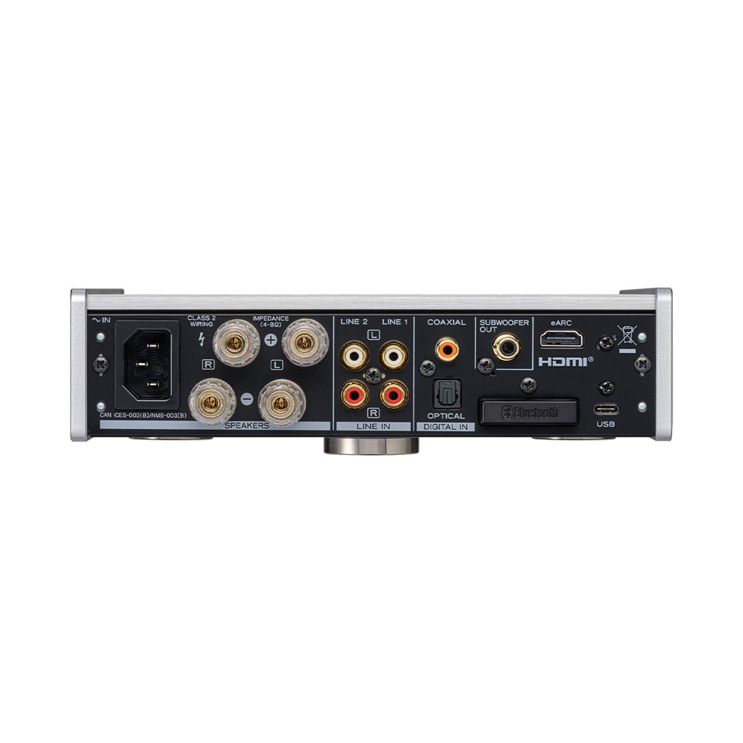 Pannello posteriore argentato di un dispositivo audio con più porte di ingresso/uscita, tra cui altoparlanti, HDMI e ingresso digitale ottico.