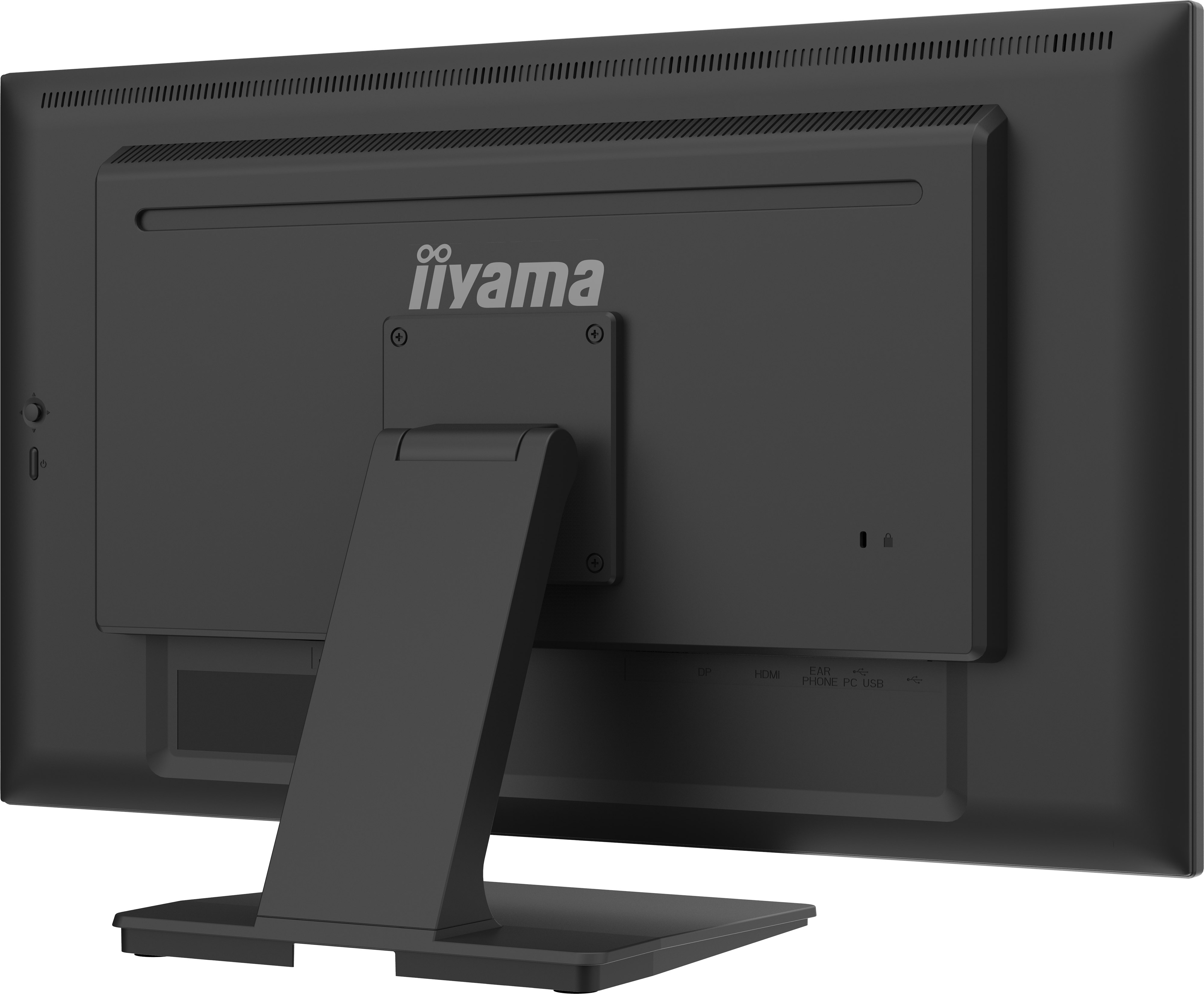 Rückseite eines schwarzen iiyama-Monitors. Er hat einen Ständer, Anschlüsse und das Firmenlogo. Die Oberseite hat Lüftungsschlitze.
