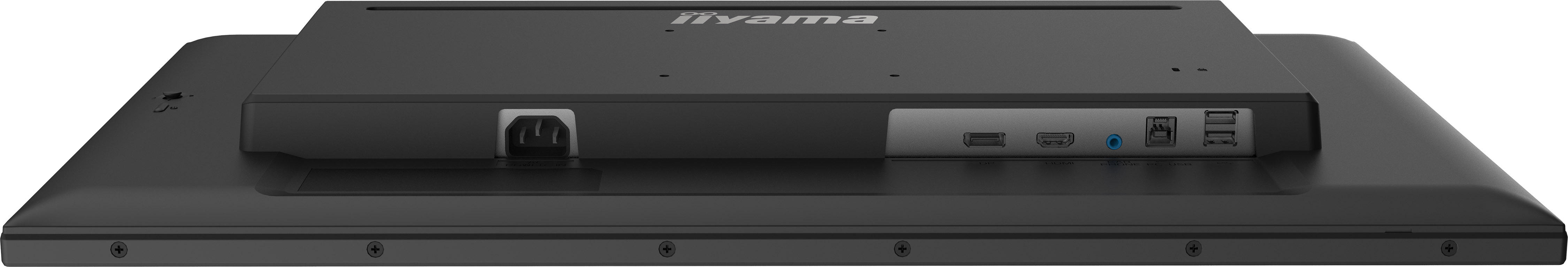Rückansicht eines schwarzen Computermonitors. Strom- und USB-Anschlüsse sind sichtbar. Der Markenname 'iiyama' ist oben.