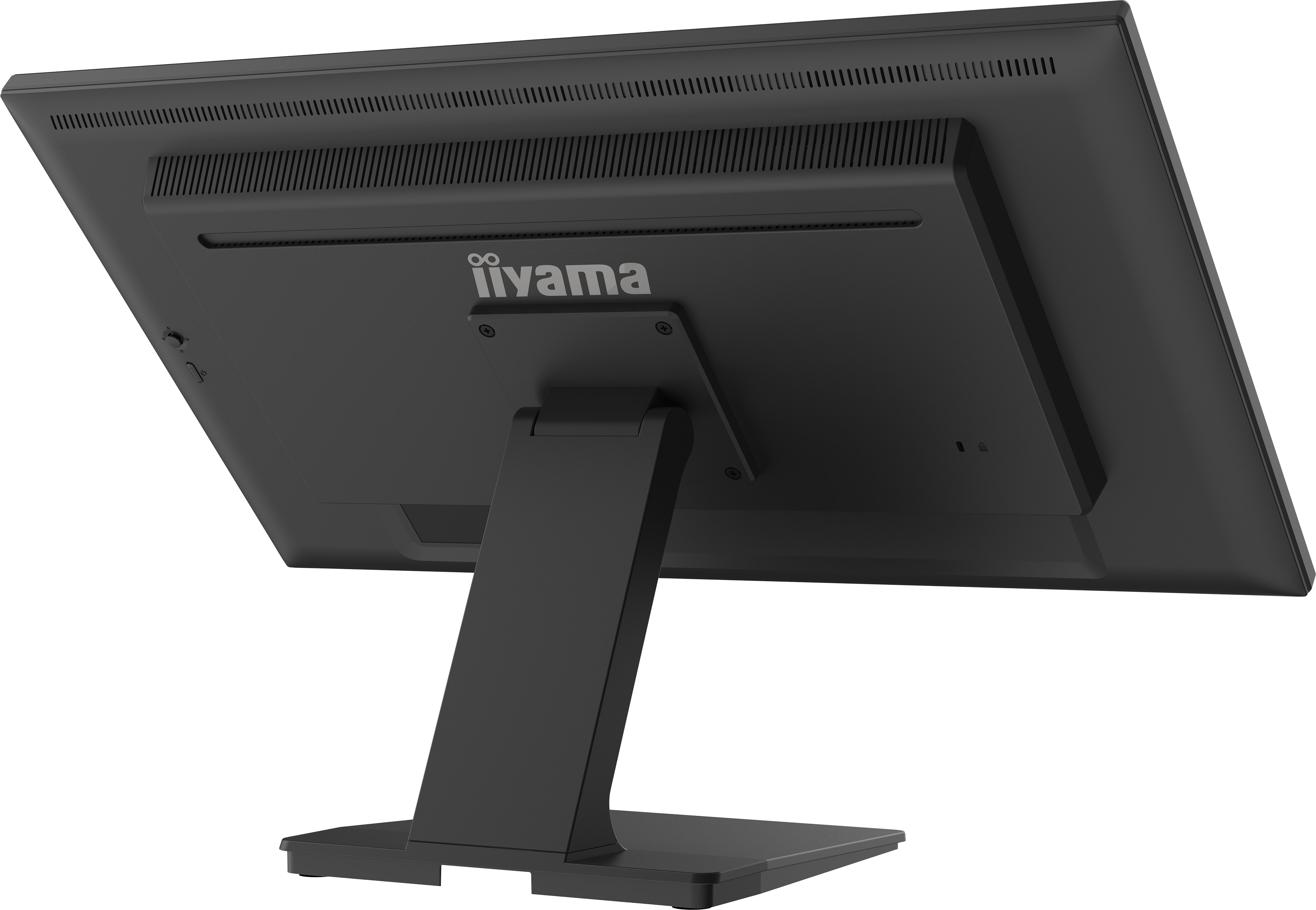 Rückansicht eines schwarzen iiyama-Monitors. Er hat einen Ständer und steht vor einem weißen Hintergrund.
