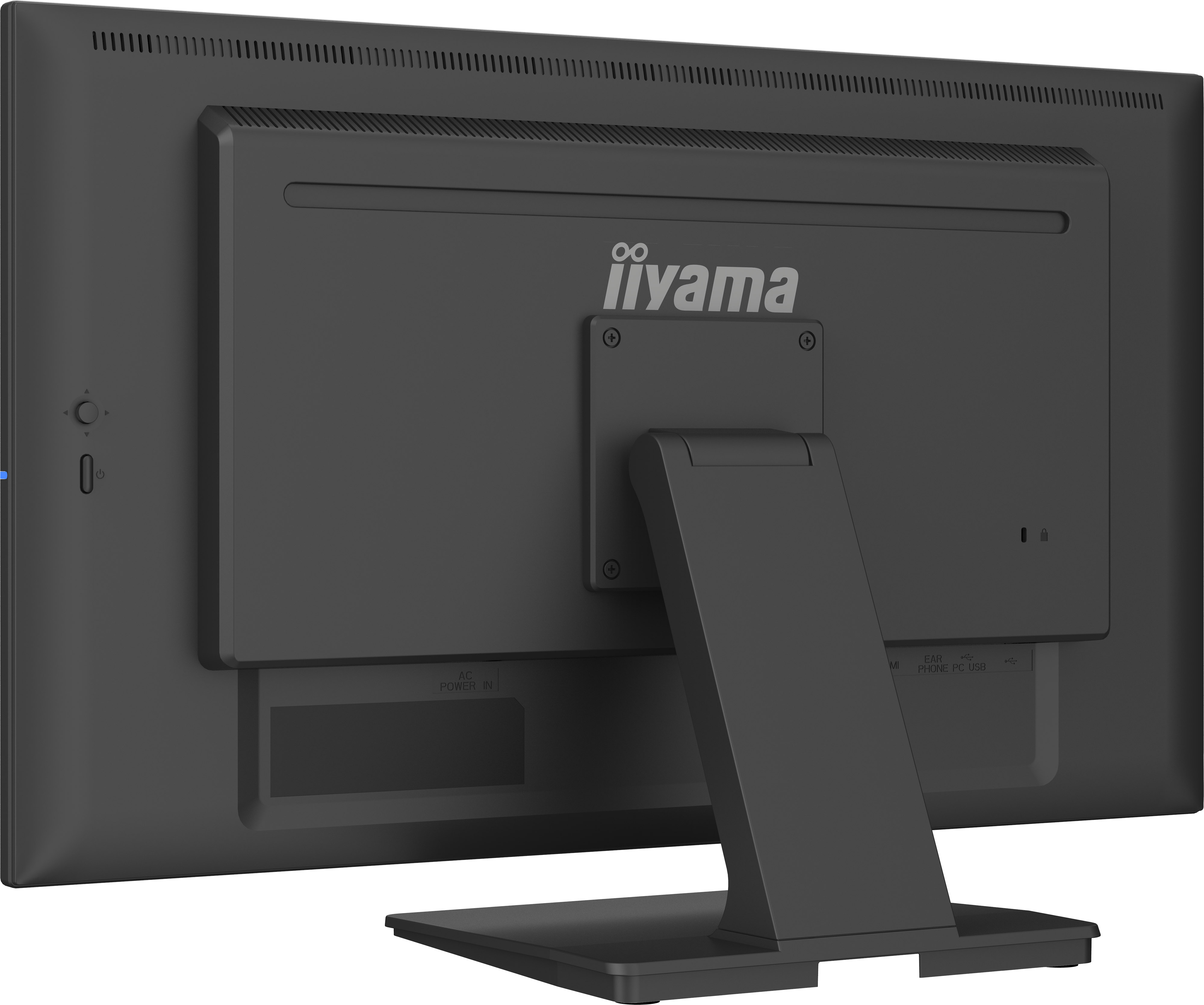Rückansicht eines schwarzen Computermonitors. Das Iiyama-Logo ist sichtbar. Anschlüsse und der Ein-/Ausschalter sind ebenfalls sichtbar.