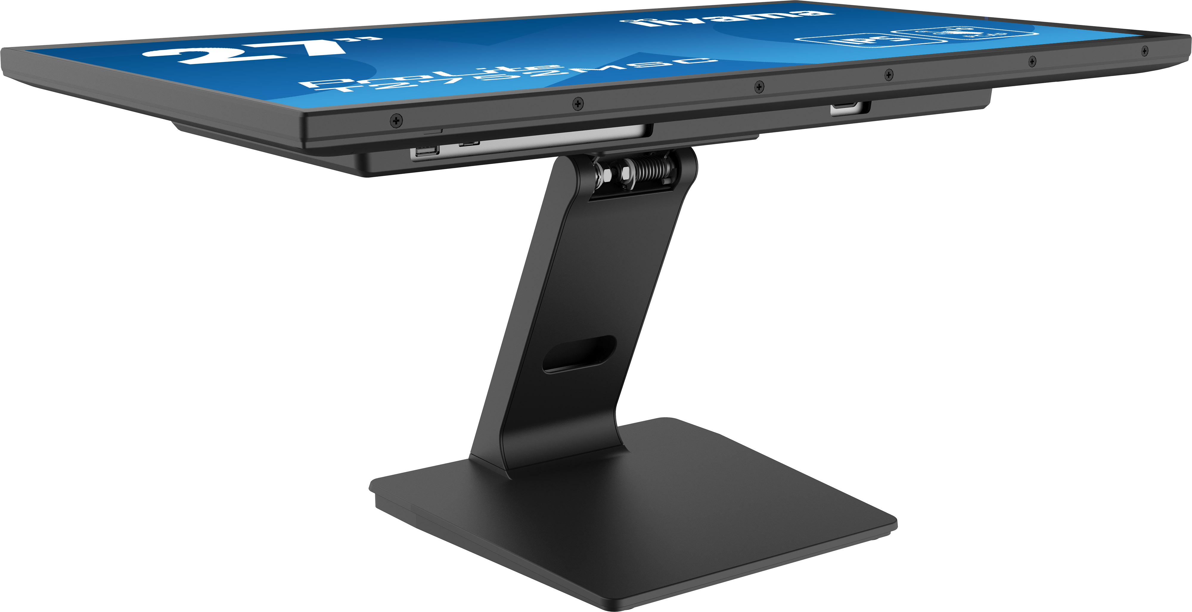 Ein schwarzer Computermonitor auf einem schwarzen Ständer. Der Bildschirm zeigt Text auf blauem Hintergrund.