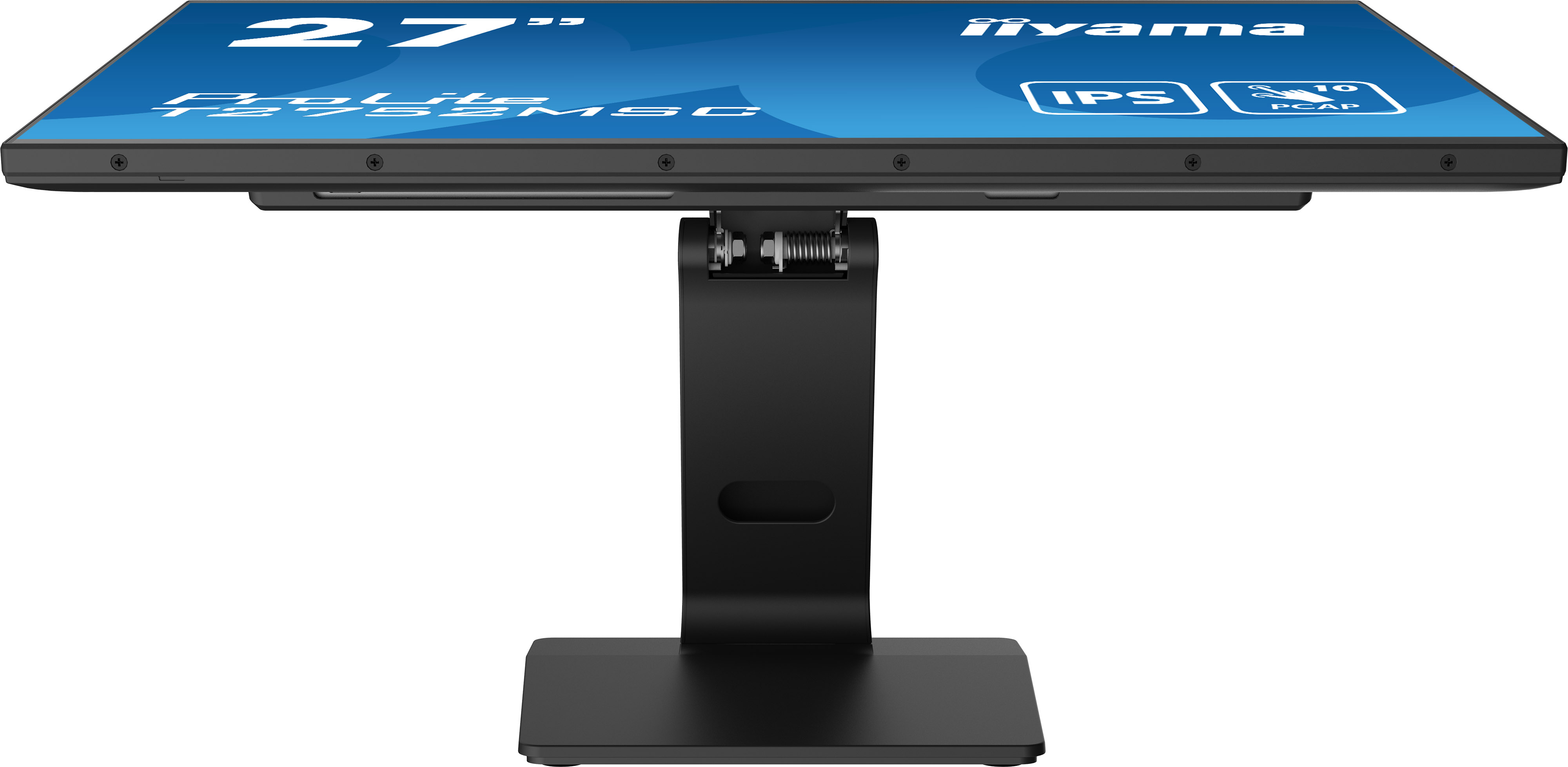 Ein schwarzer iiyama ProLite-Monitor, 27 Zoll mit Touchscreen, auf einem schwarzen Ständer. Der Bildschirm zeigt einen blauen Hintergrund mit weißem Text.