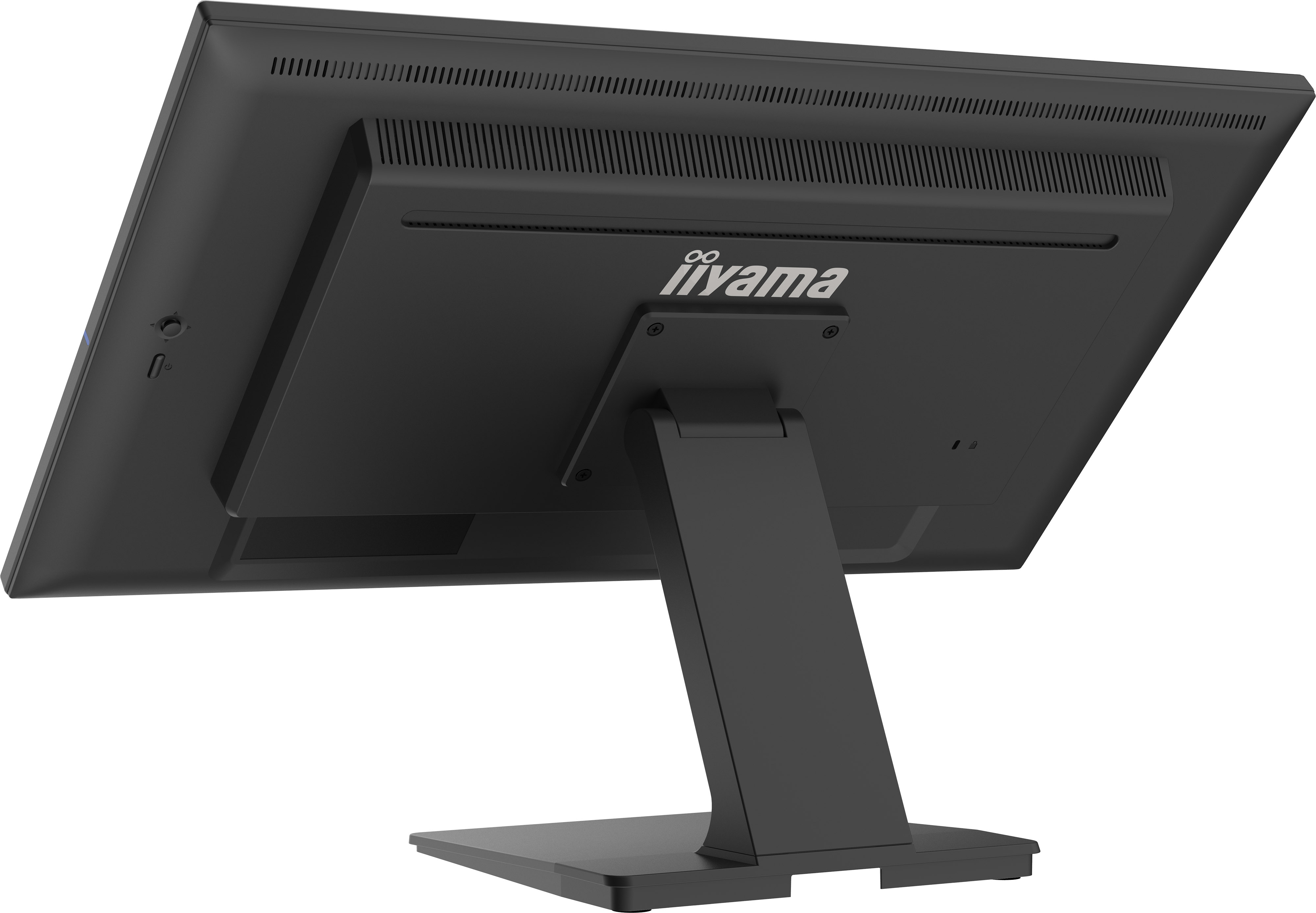 Rückansicht eines schwarzen Computermonitors mit Ständer. Das iiyama-Logo ist sichtbar.