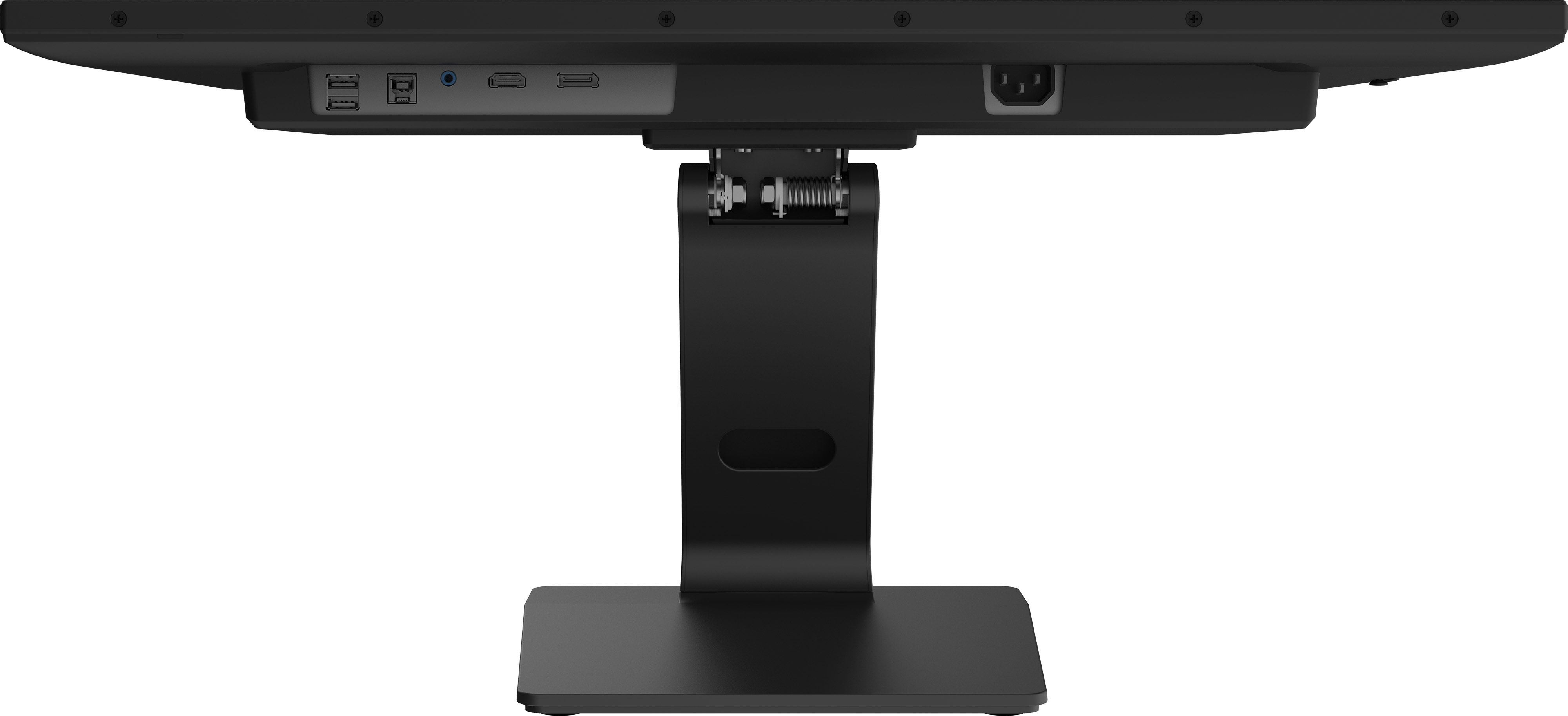 Schwarzer Computermonitor mit Anschlüssen auf der Rückseite. Er ist auf einem schwarzen Ständer montiert.