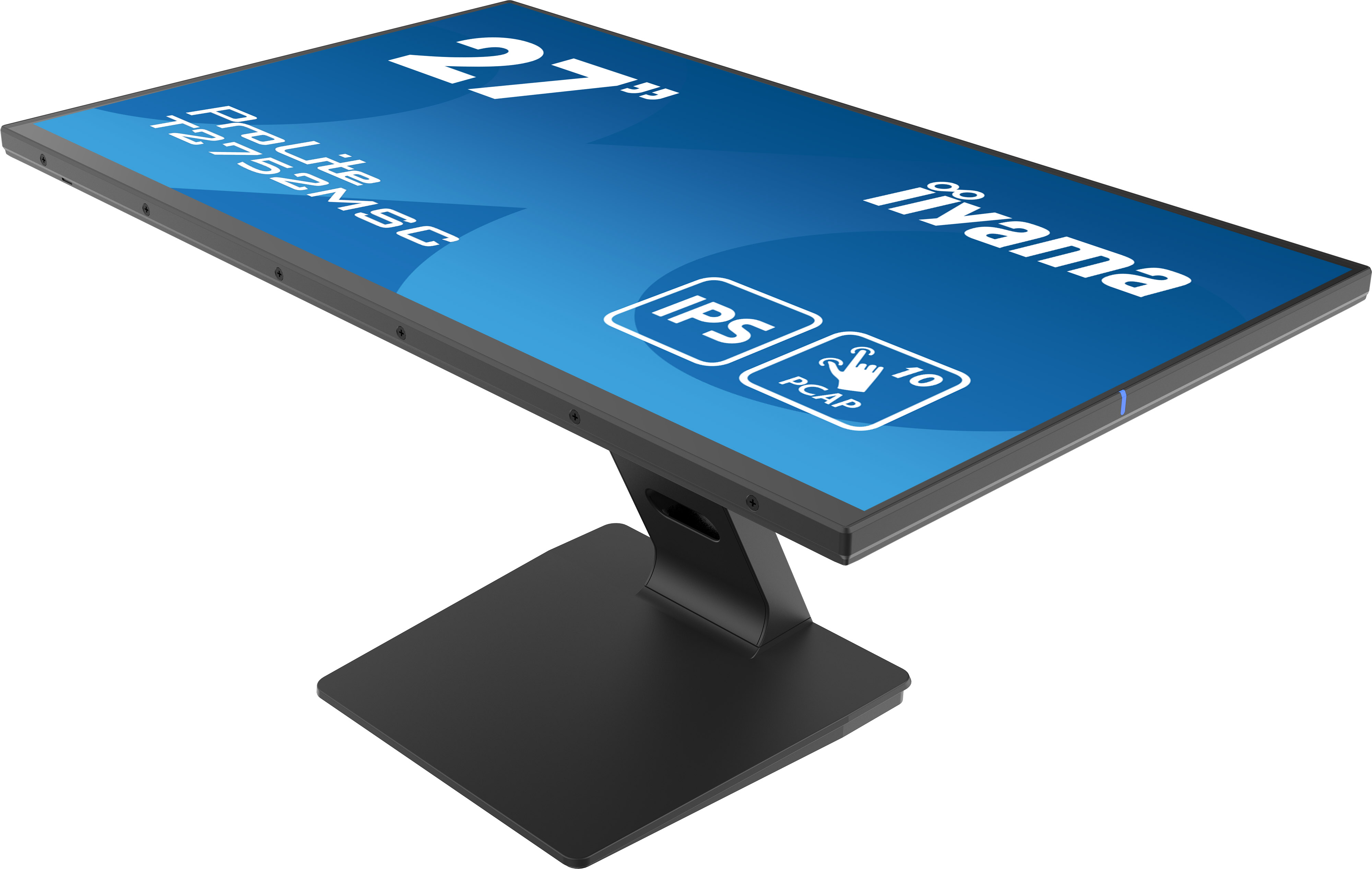 Ein schwarzer Iiyama ProLite 27" Monitor ist abgewinkelt. Der Bildschirm zeigt Text und Logos auf blauem Hintergrund. Der Ständer ist schwarz.