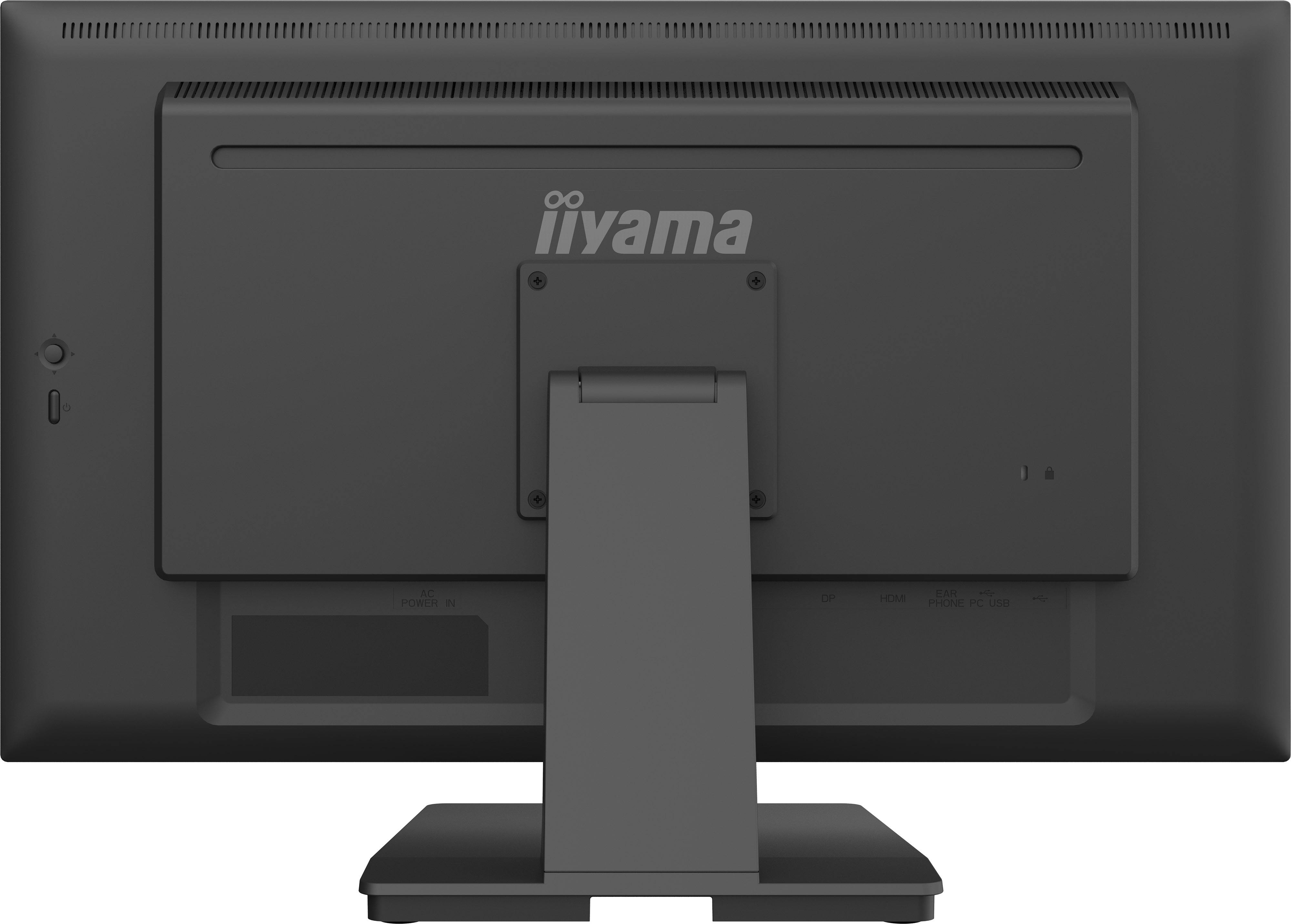 Rückansicht eines schwarzen Computermonitors mit Ständer. Es hat das iiyama-Logo und verschiedene Anschlüsse.