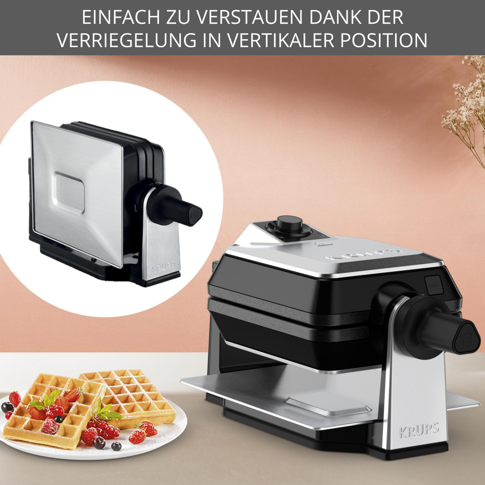 Ein Waffeleisen mit Waffeln auf einem Teller. Beeren und Minze sind auf den Waffeln zu sehen. Der Hintergrund ist hellrosa.