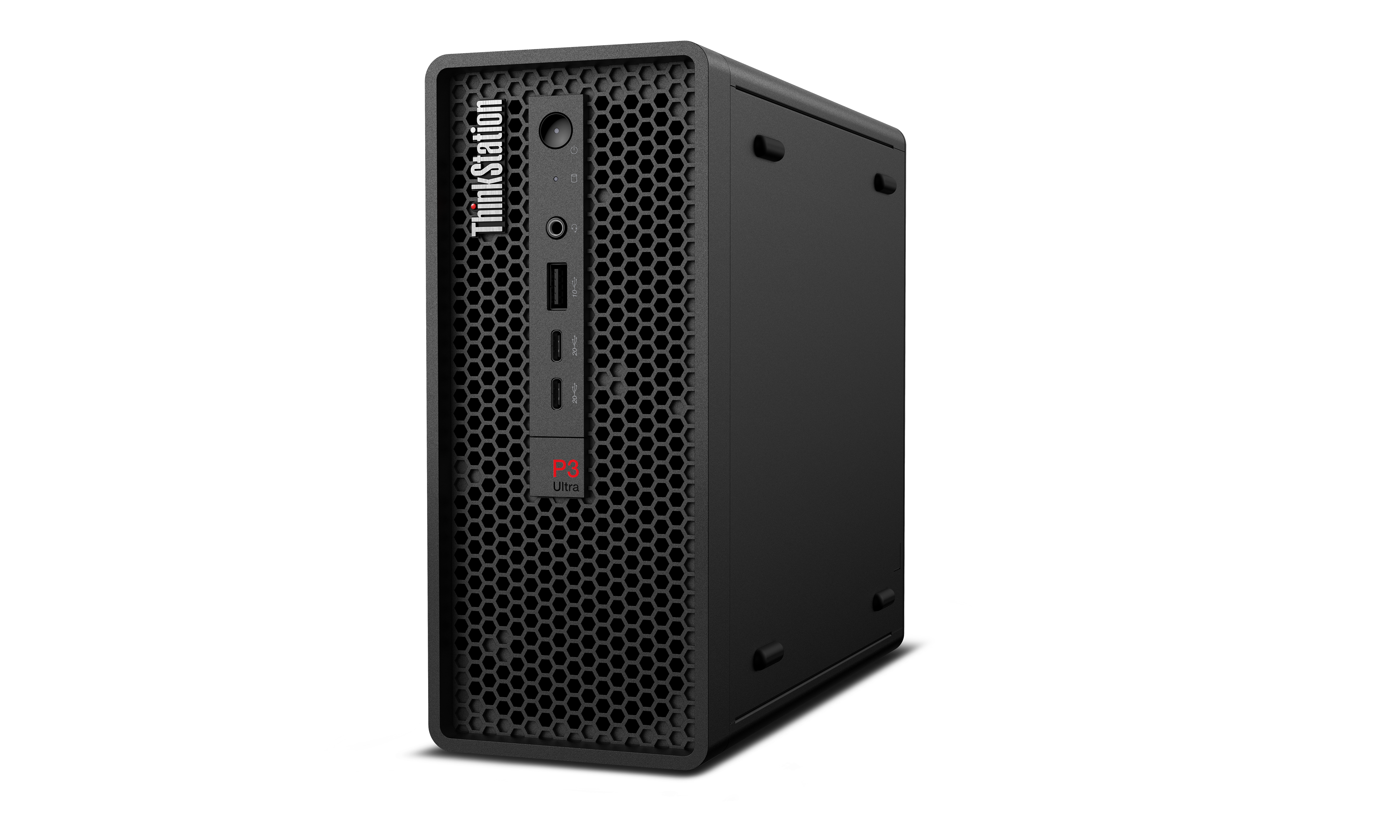 Ein schwarzer ThinkStation P3 Ultra-Computer. Es hat eine Wabenfront, mehrere Anschlüsse und das ThinkStation-Logo.