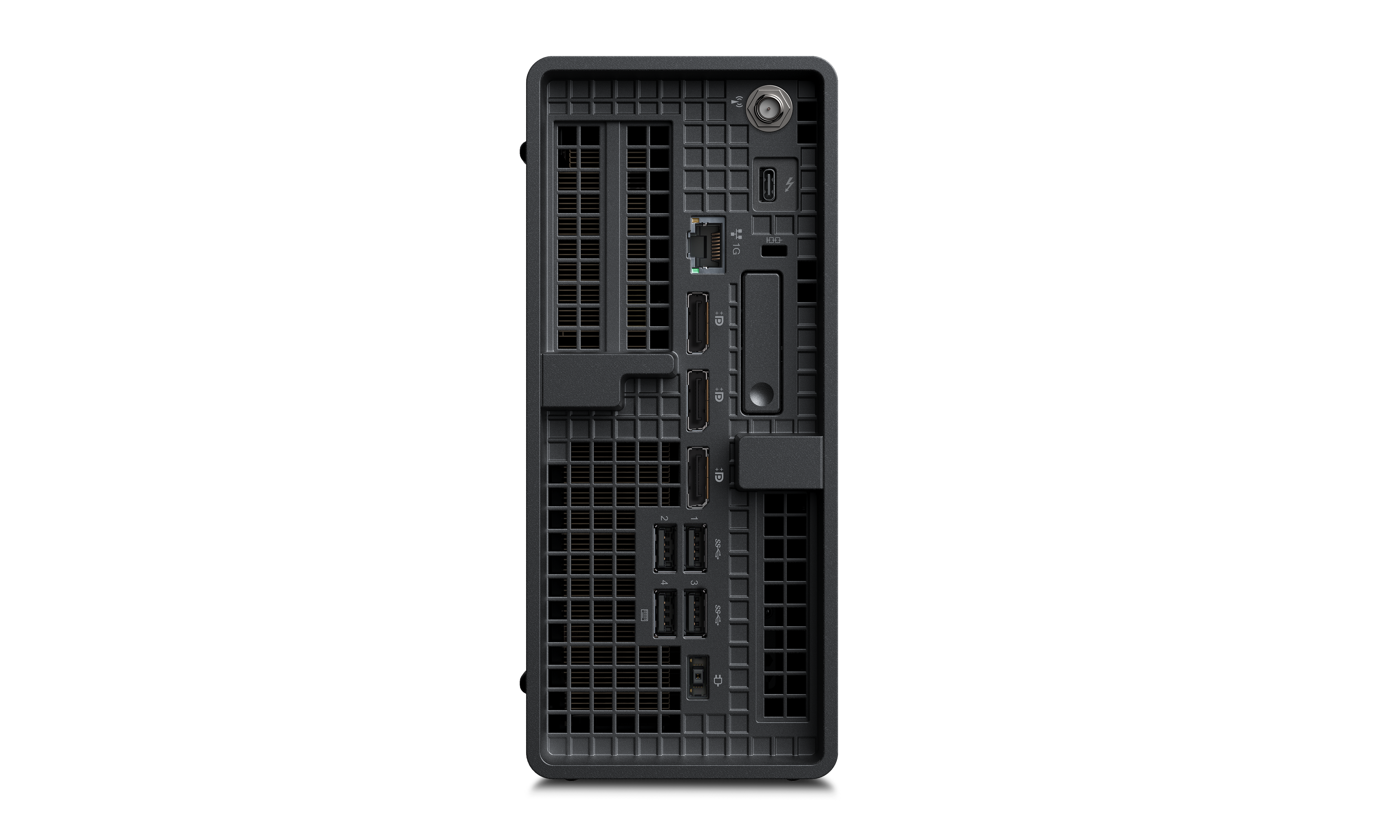 Rückansicht eines schwarzen Desktop-Computers. Anschlüsse und Lüftungsschlitze sind sichtbar. Der Hintergrund ist komplett schwarz.
