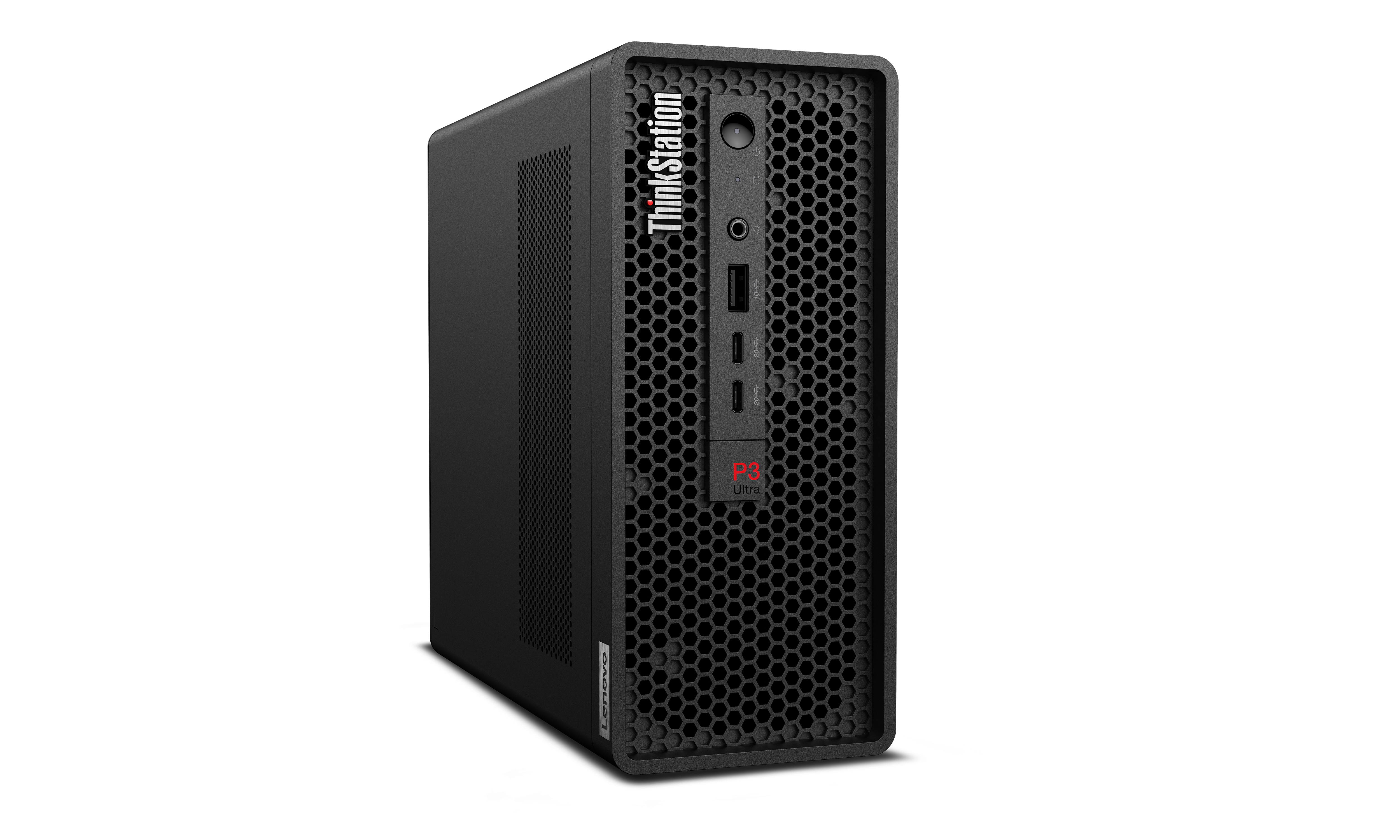 Ein schwarzer Lenovo ThinkStation P3 Ultra Desktop-Computer. Die Vorderseite hat ein Wabenmuster und Anschlüsse. 'ThinkStation' ist aufgedruckt.