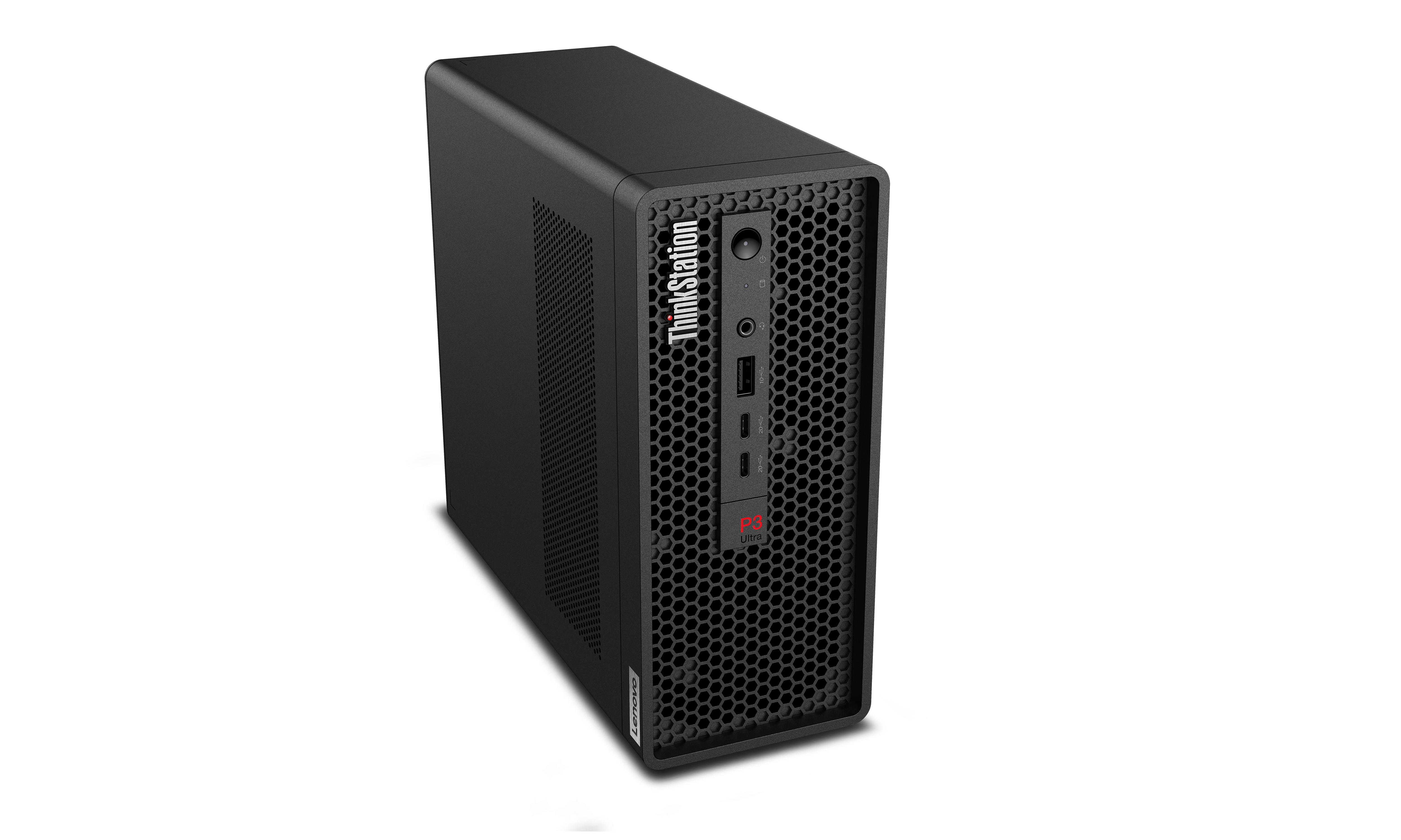 Schwarzer Lenovo ThinkStation P3 Ultra. Der PC hat eine Wabenfront und ein ThinkStation-Logo.
