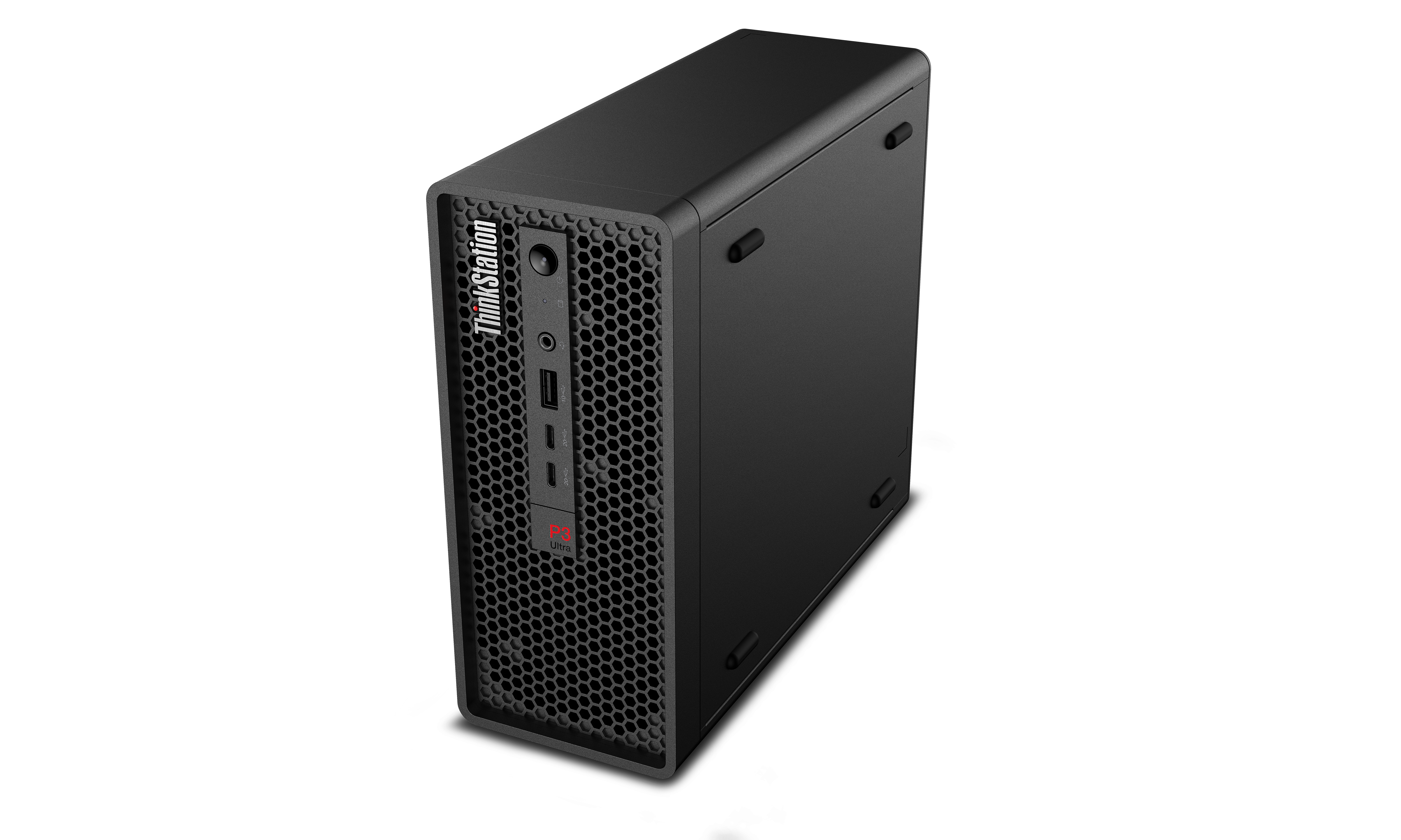 Ein schwarzer ThinkStation-Computerturm mit Wabenfront und roten Akzenten vor schwarzem Hintergrund.