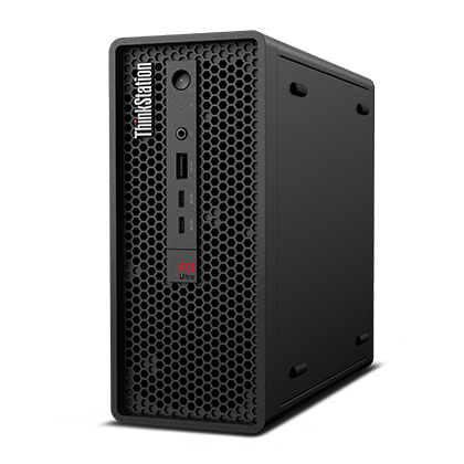 Ein schwarzer Lenovo ThinkStation P3 Ultra Desktop-Computer. Er hat eine wabenförmige Front und mehrere Anschlüsse. Das ThinkStation-Logo ist sichtbar.