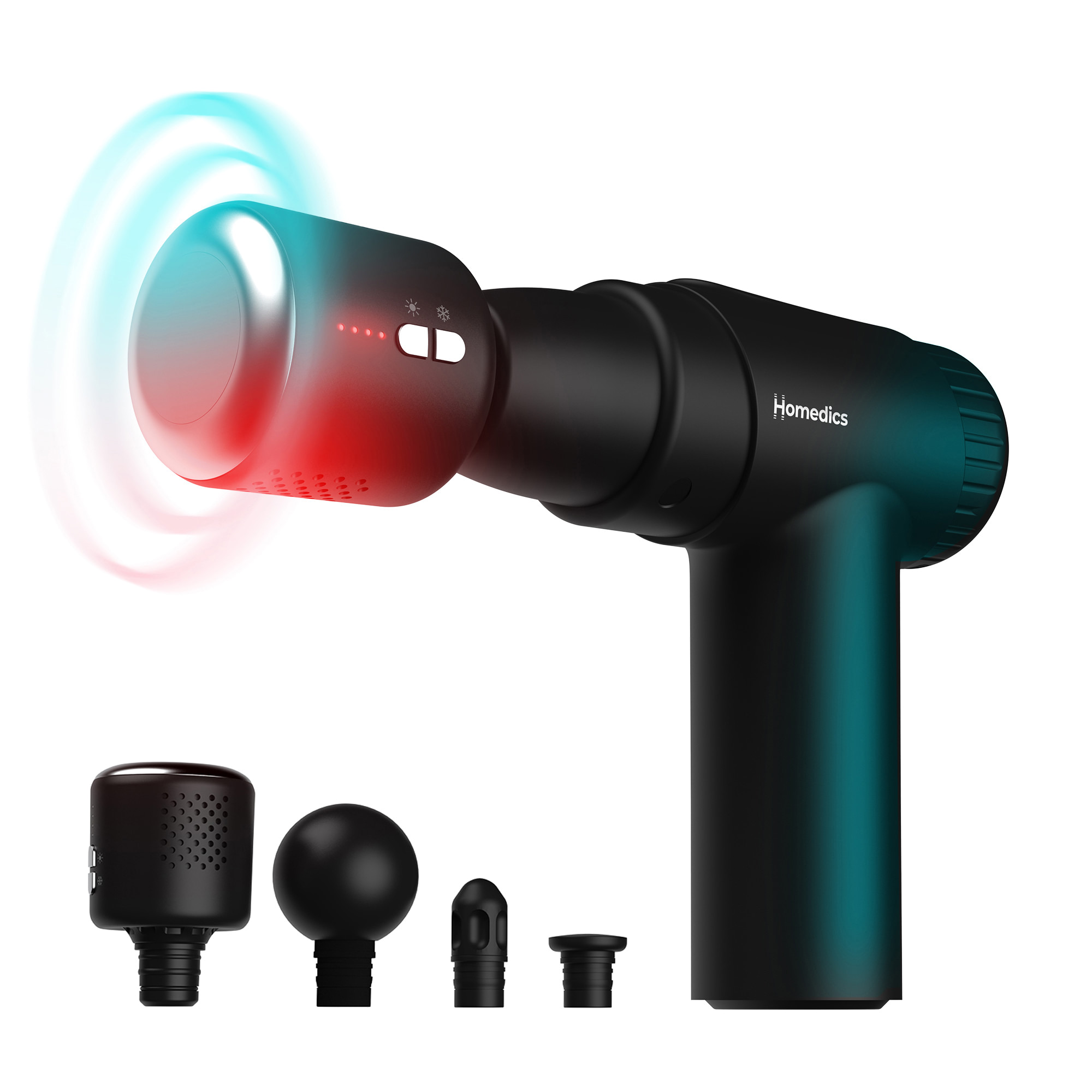 Czarny pistolet do masażu z nasadkami jest wyświetlany na białym tle. Pistolet ma efekt czerwono/niebieskiego światła i markę 'Homedics'.