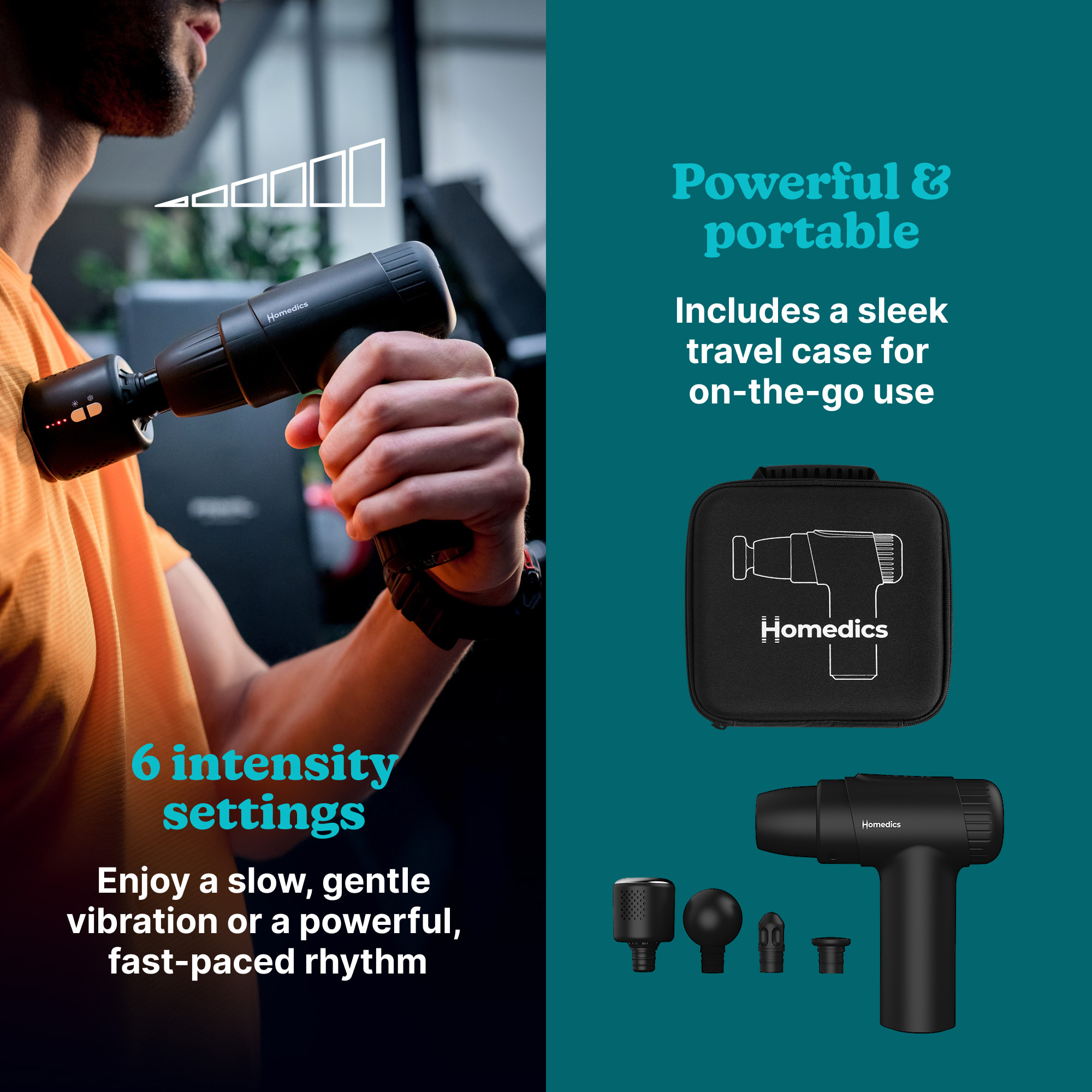 Osoba używa czarnego pistoletu do masażu. Obraz zawiera etui podróżne i różne głowice do masażu. Tekst mówi 'Mocny i przenośny'.