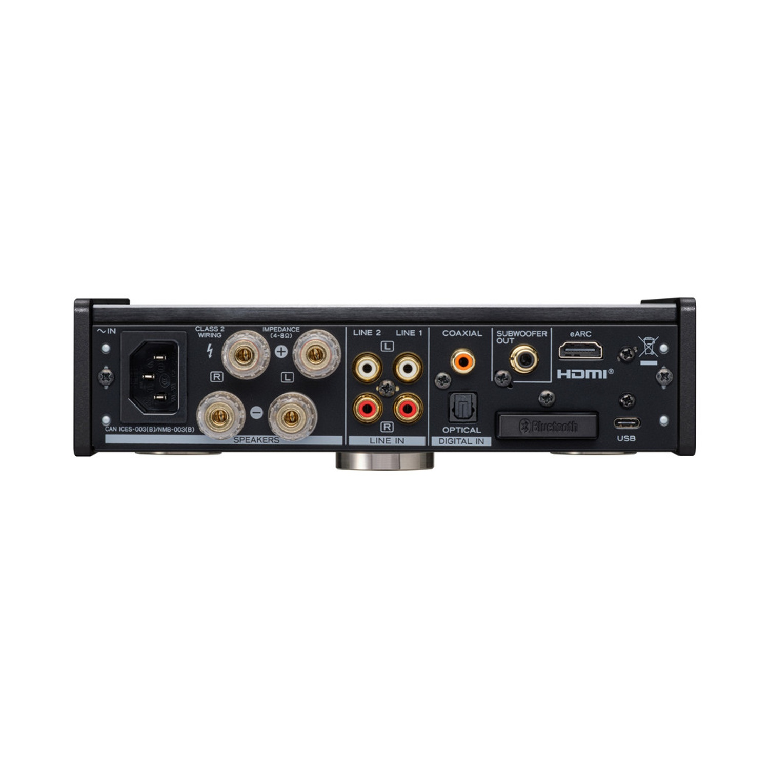 Pannello posteriore nero del ricevitore audio con varie porte: alimentazione, altoparlanti, line in/out, coassiale, ottico, subwoofer, HDMI e USB.