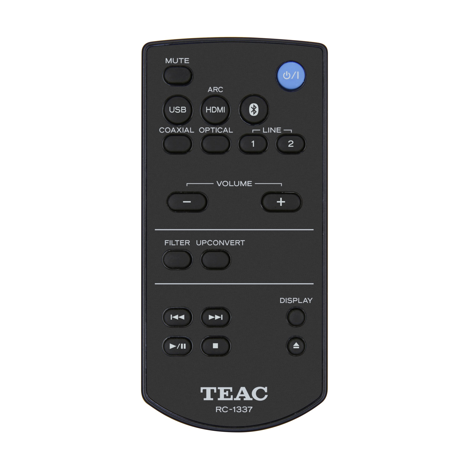 Telecomando TEAC RC-1337 nero con pulsanti per muto, volume, selezione ingresso e funzioni display. Lo sfondo è bianco.