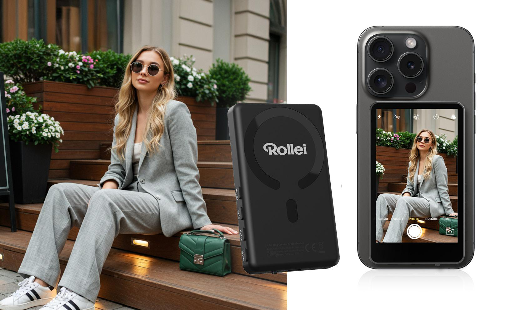 Eine Frau in einem grauen Anzug sitzt auf Holzstufen. Eine schwarze Powerbank und ein Telefon mit der Frau werden angezeigt. Grüne Geldbörse.