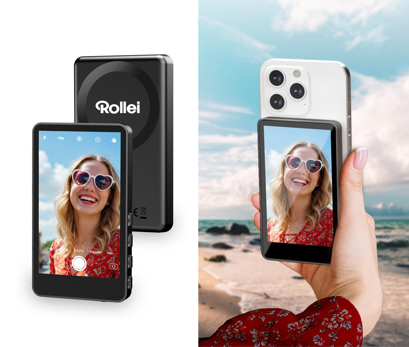Frau macht Foto mit Handy. Hält ein Telefon mit einem schwarzen Rollei-Ladegerät. Die Frau trägt herzförmige Sonnenbrillen.