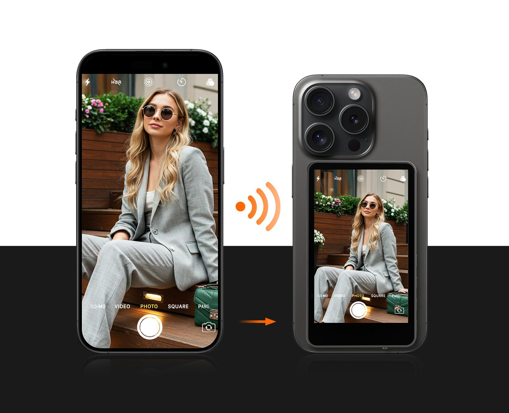 Eine Frau mit Sonnenbrille und grauem Anzug sitzt auf Stufen, ein Telefon zeigt ihr Bild. Ein anderes Telefon zeigt die Bildkopie.