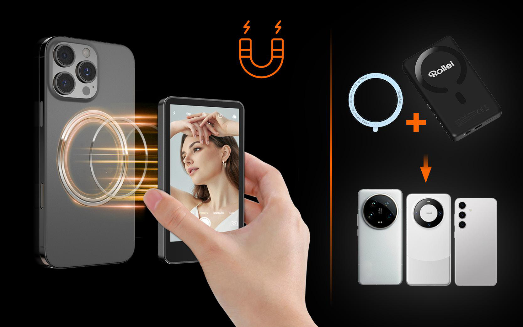 Bild zeigt Telefon, Hand, die Telefon mit Frau hält, magnetisches kabelloses Ladegerät und drei Telefone. Oranges Magnet-Symbol.