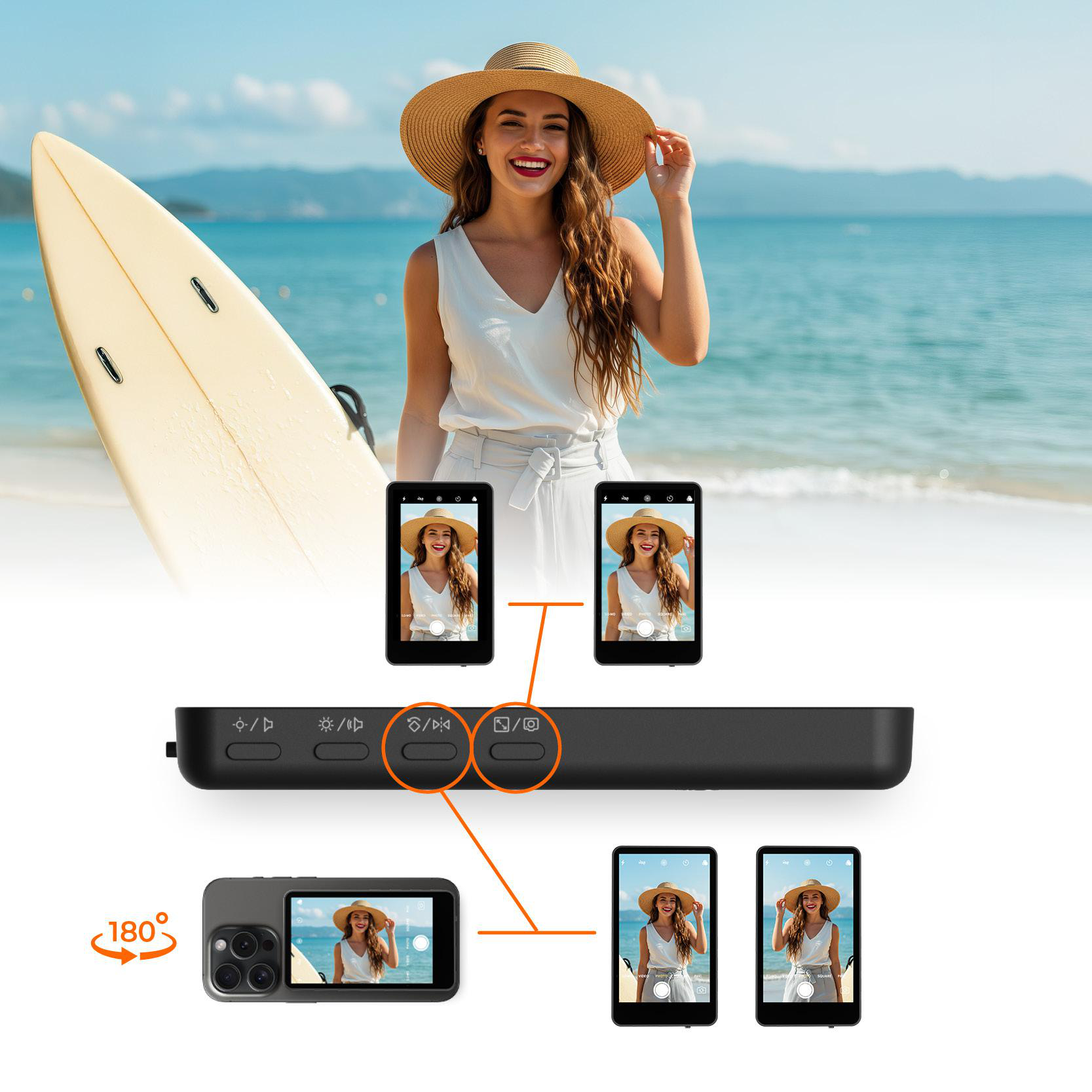 Frau mit Hut und Surfbrett am Strand, mit Telefon, das ein Bild zeigt, und einem Gerät mit Knöpfen.