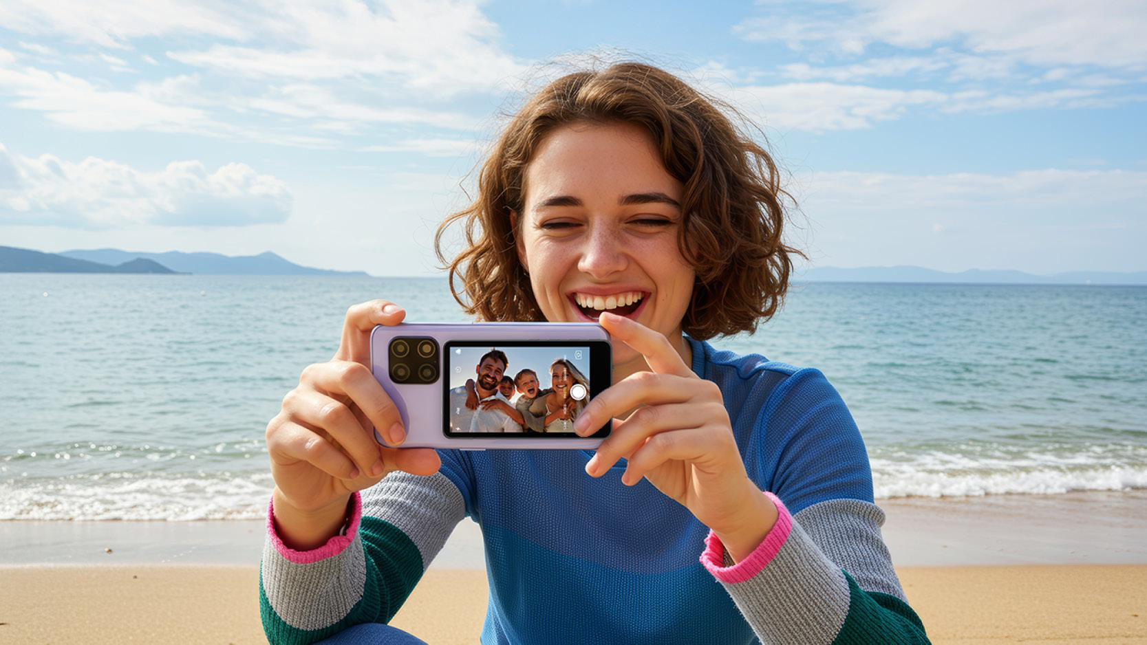 Eine Frau lacht, während sie mit einem Telefon ein Foto macht. Hinter ihr sind Strand, Meer und Himmel. Das Telefon zeigt eine Familie.